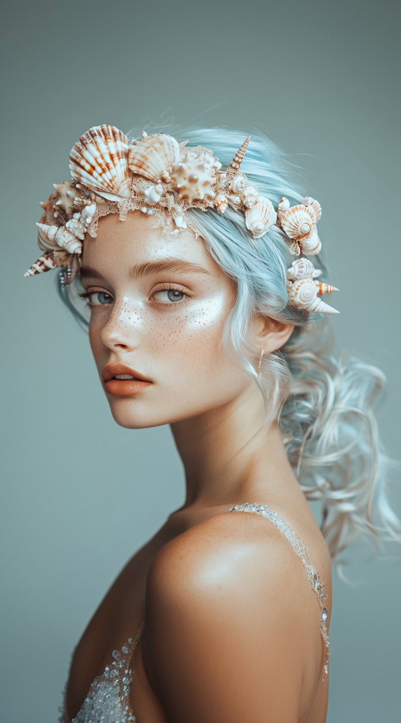 This image shows a person with loose, wavy hair, adorned with a seashell crown.