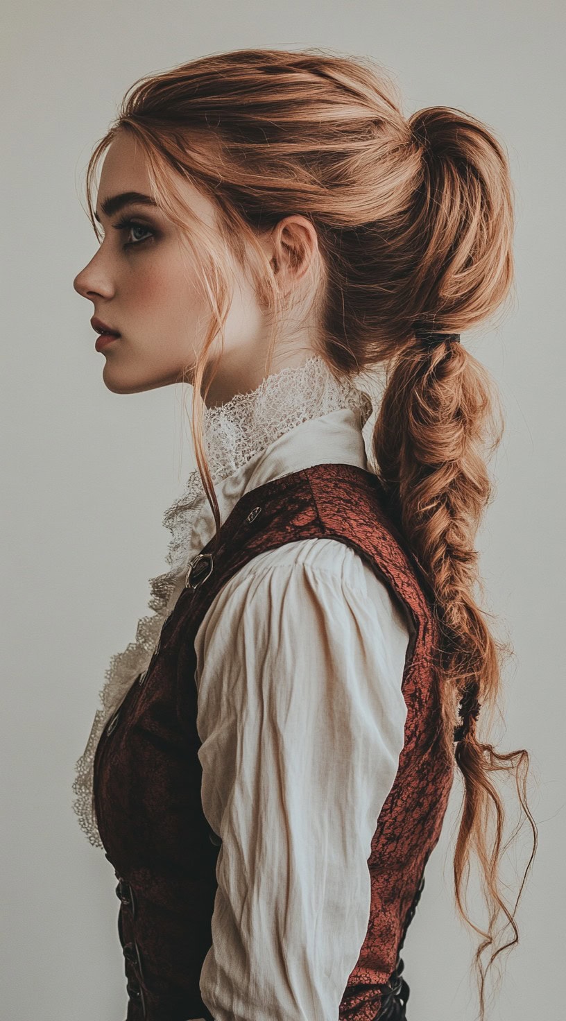 A woman with a sectioned braided ponytail and framing tendrils.