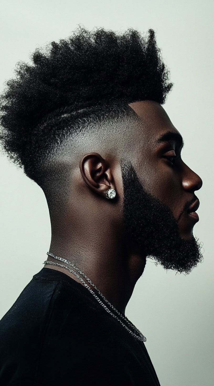 Side profile of a man with a sharp afro fade and a precise line-up, creating a clean and structured look.