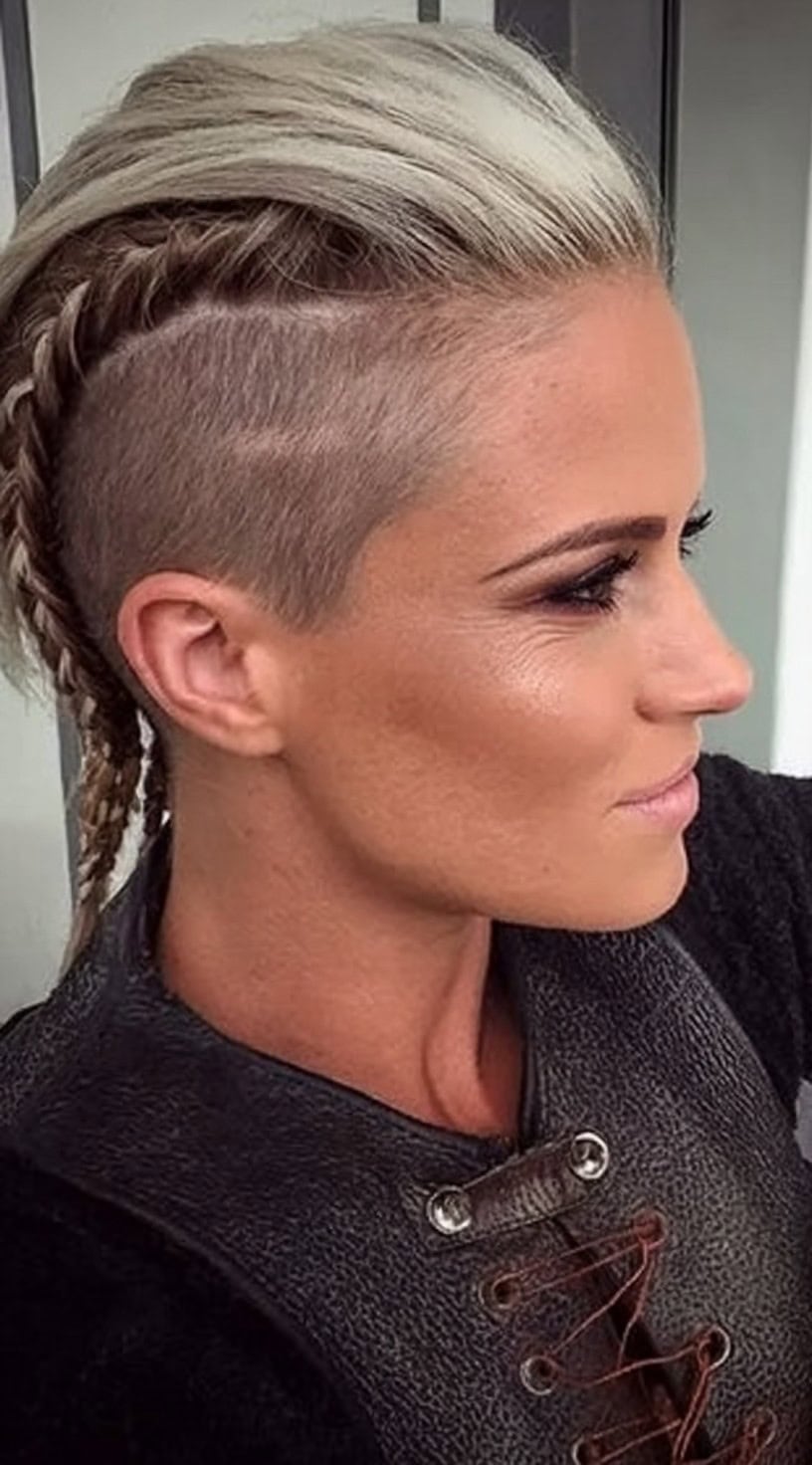 A woman with shaved sides and platinum hair has a single braid along the side and the top slicked back.