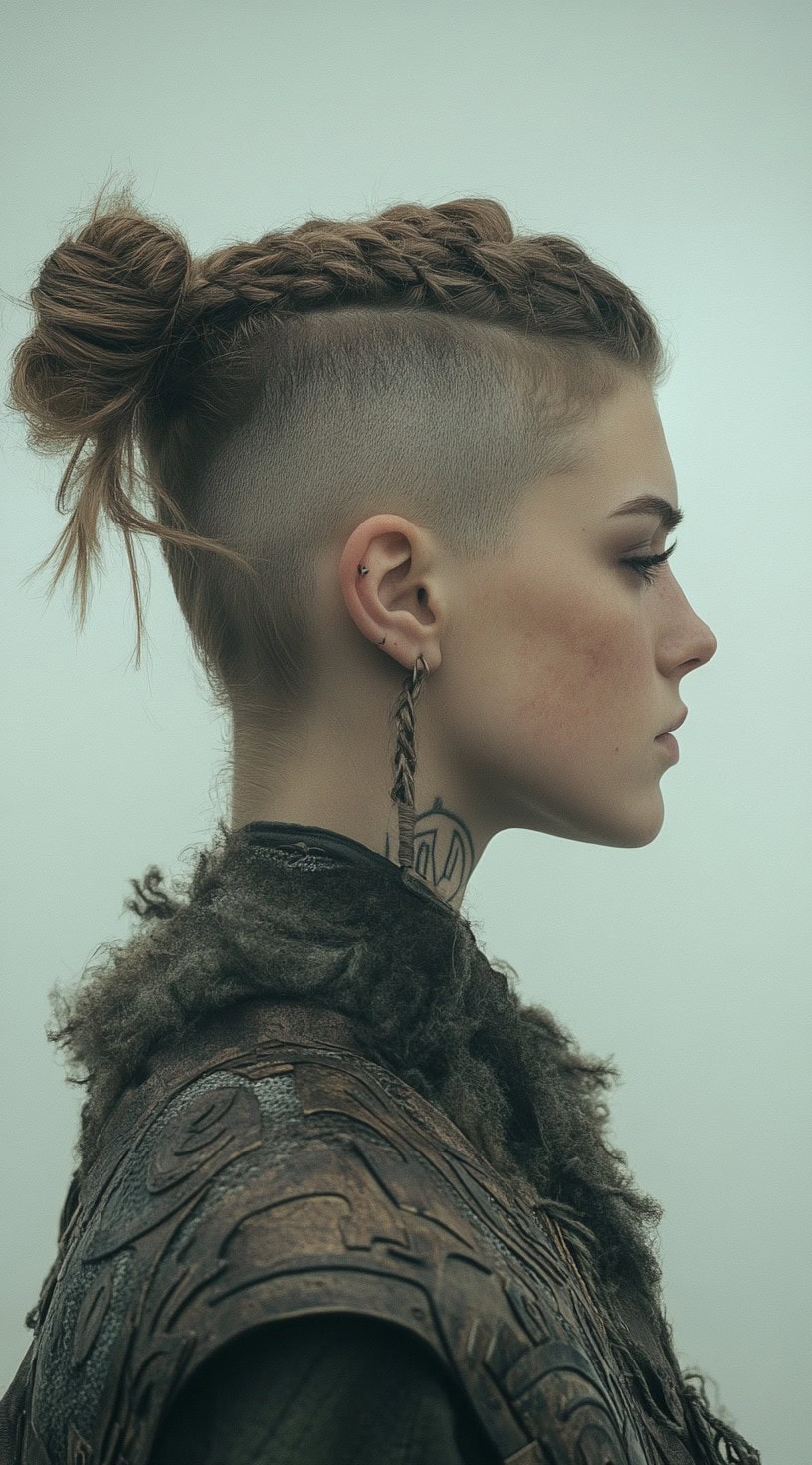 Shaved sides with a braided high bun on a woman with brown hair and warrior outfit.