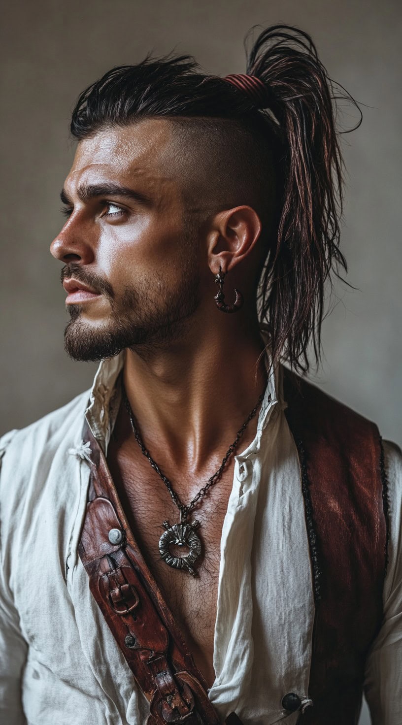 Side profile of a man with shaved sides and long hair on top styled into a high ponytail, wearing a pirate vest and necklace.