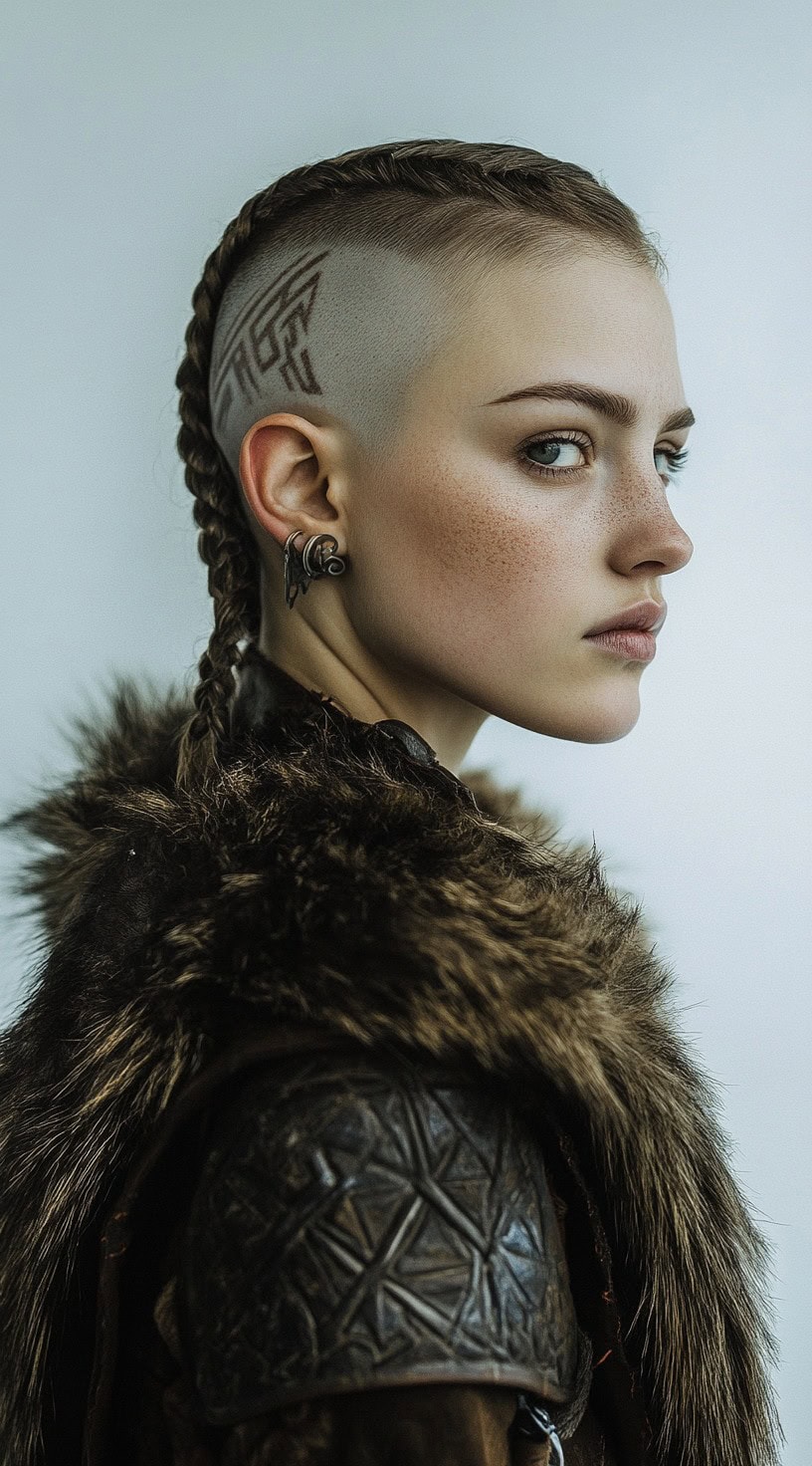 Shaved sides with a short braid on a woman with blonde hair and geometric scalp design.