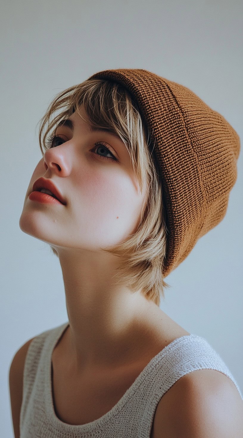 A young woman with a short bob haircut wearing a brown beanie, looking upwards.