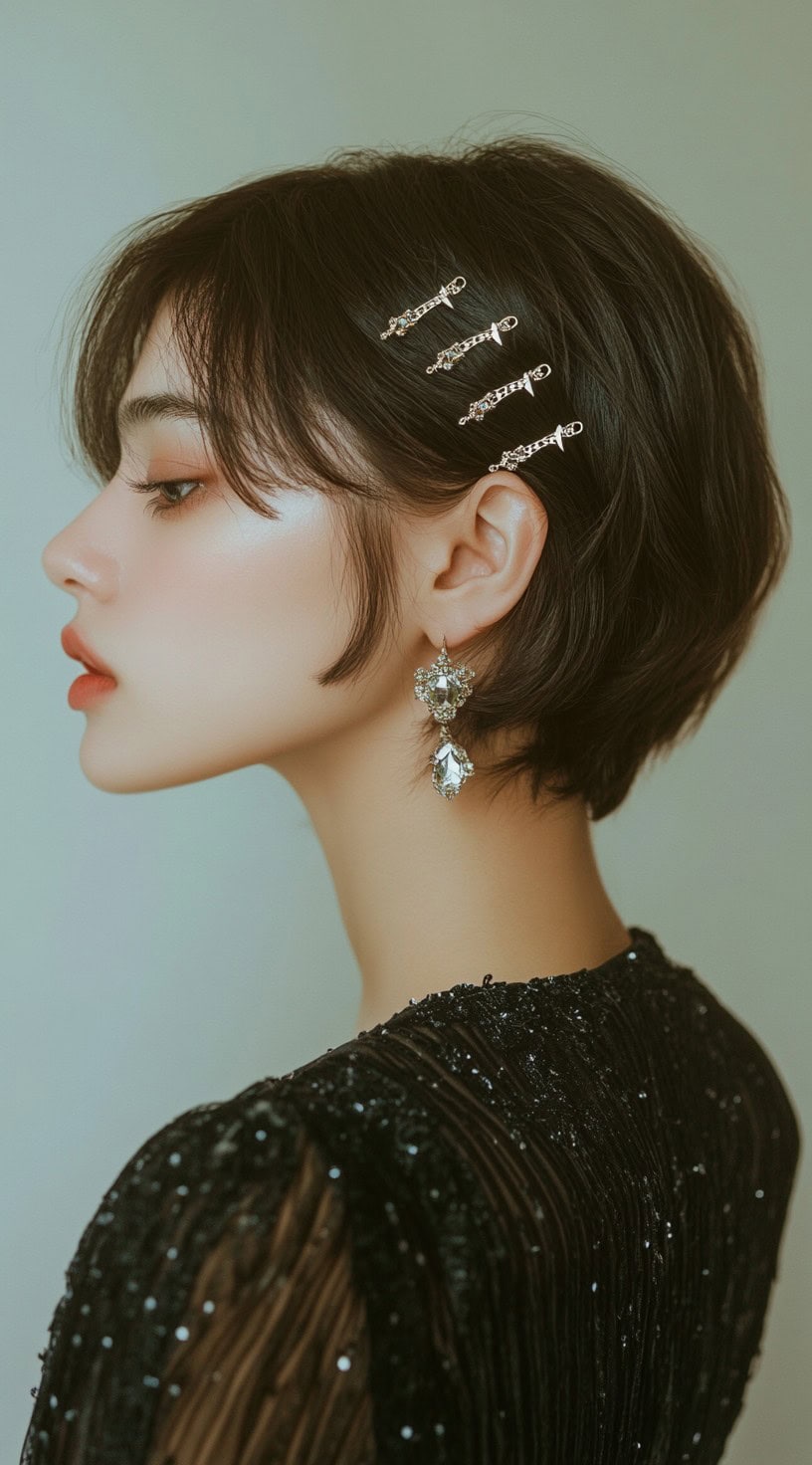 A woman with a short bob styled with decorative hair clips, wearing a sparkling dress, presenting a chic and playful look.