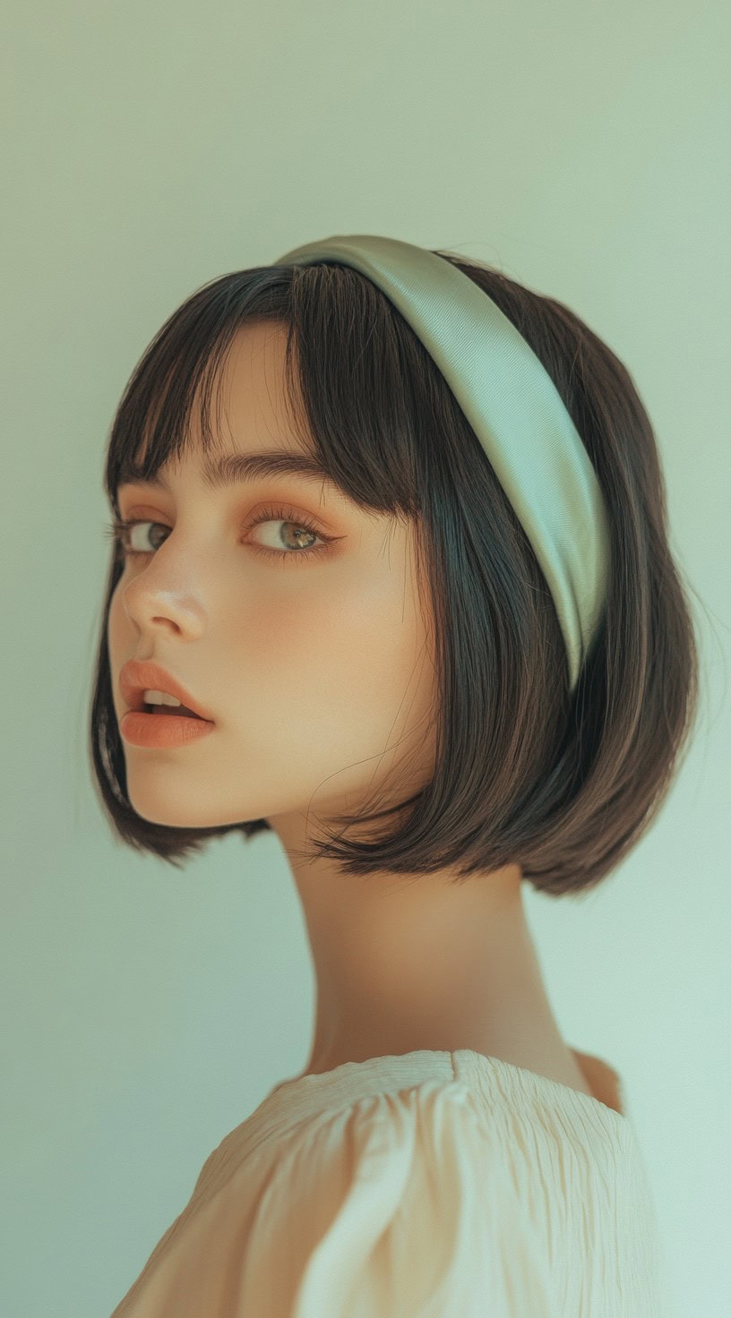 Close-up side view of a woman with a short bob and a green satin headband.