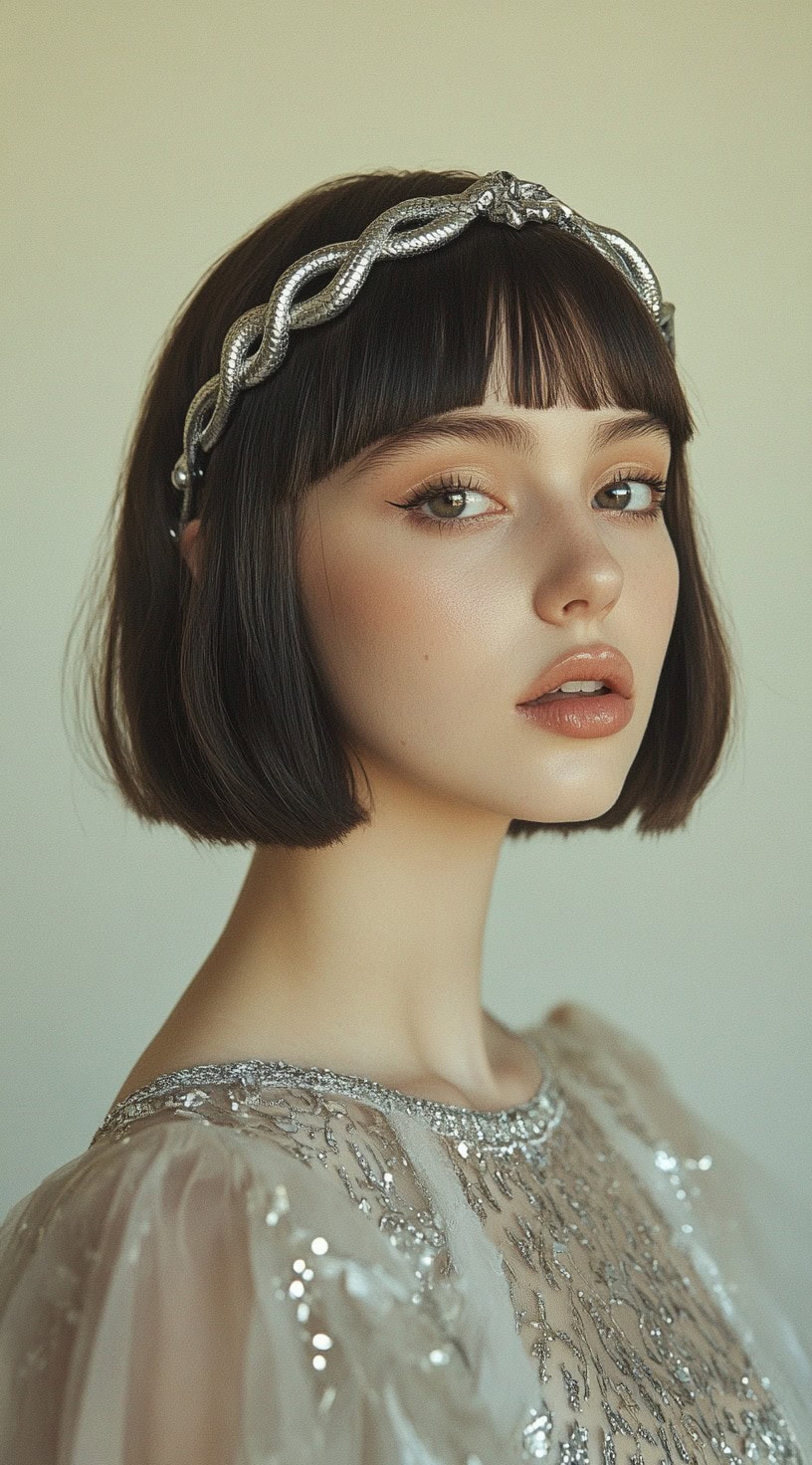 Front view of a woman with a short bob hairstyle, accented by a silver serpent headband.