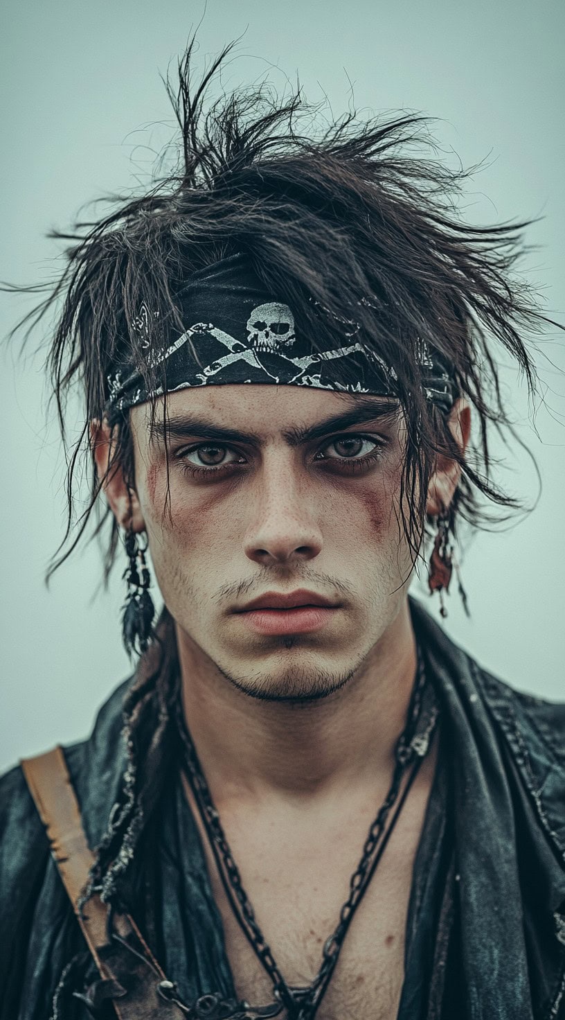 Man with short hair styled into spikes, wearing a black bandana with skull and crossbones.