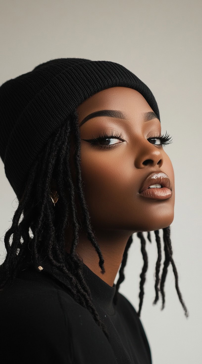 A young woman with short locs styled under a black beanie, exuding confidence and style.