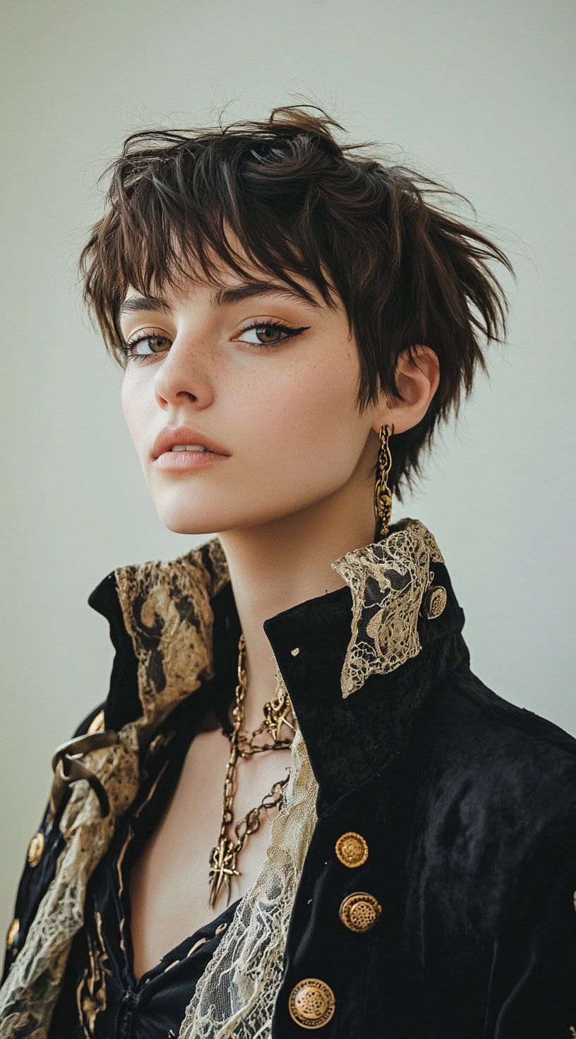 Young woman with a short, messy pixie cut, accessorized with pirate-themed jewelry.