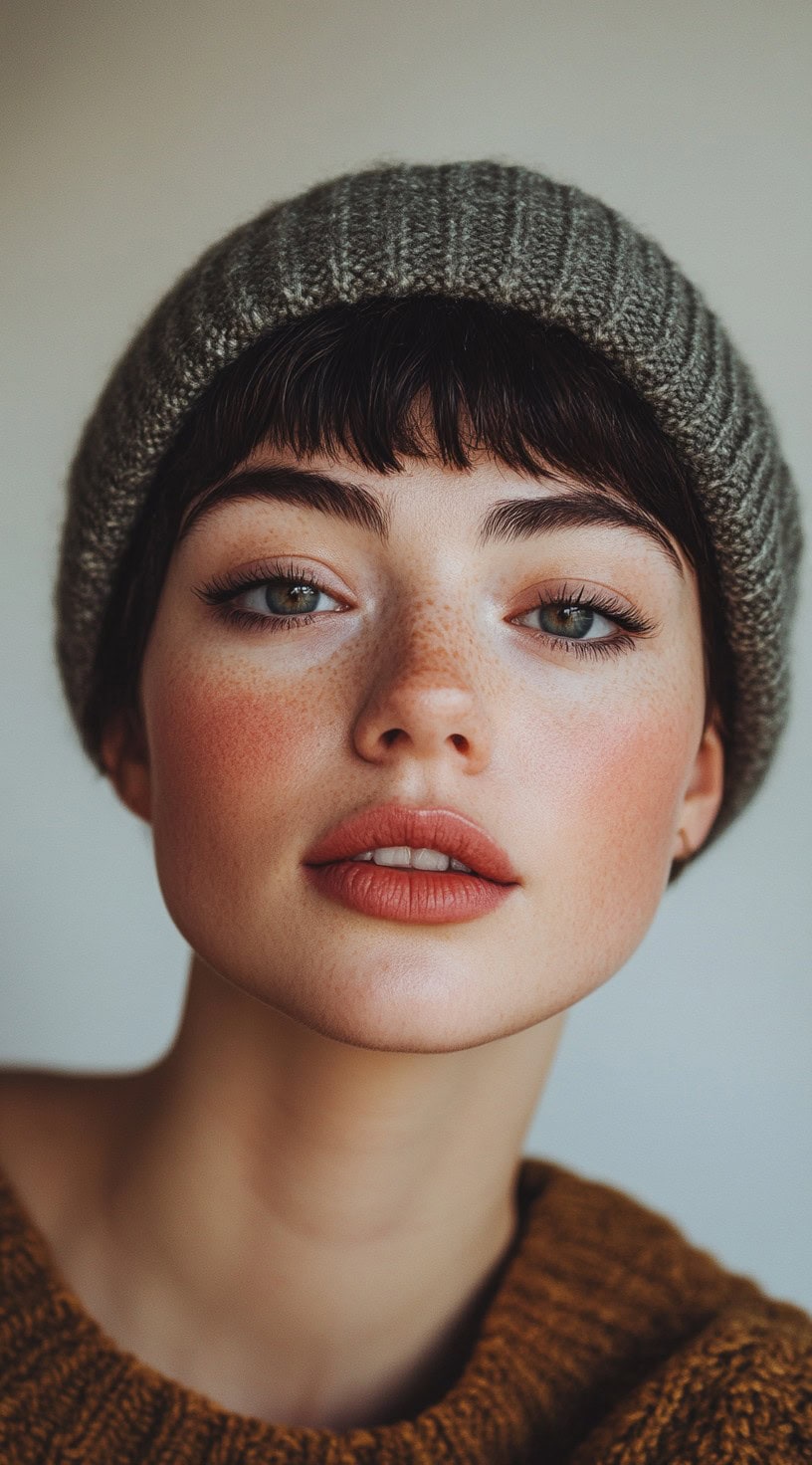 A young woman with a short pixie cut and a grey beanie, featuring soft bangs and freckles.