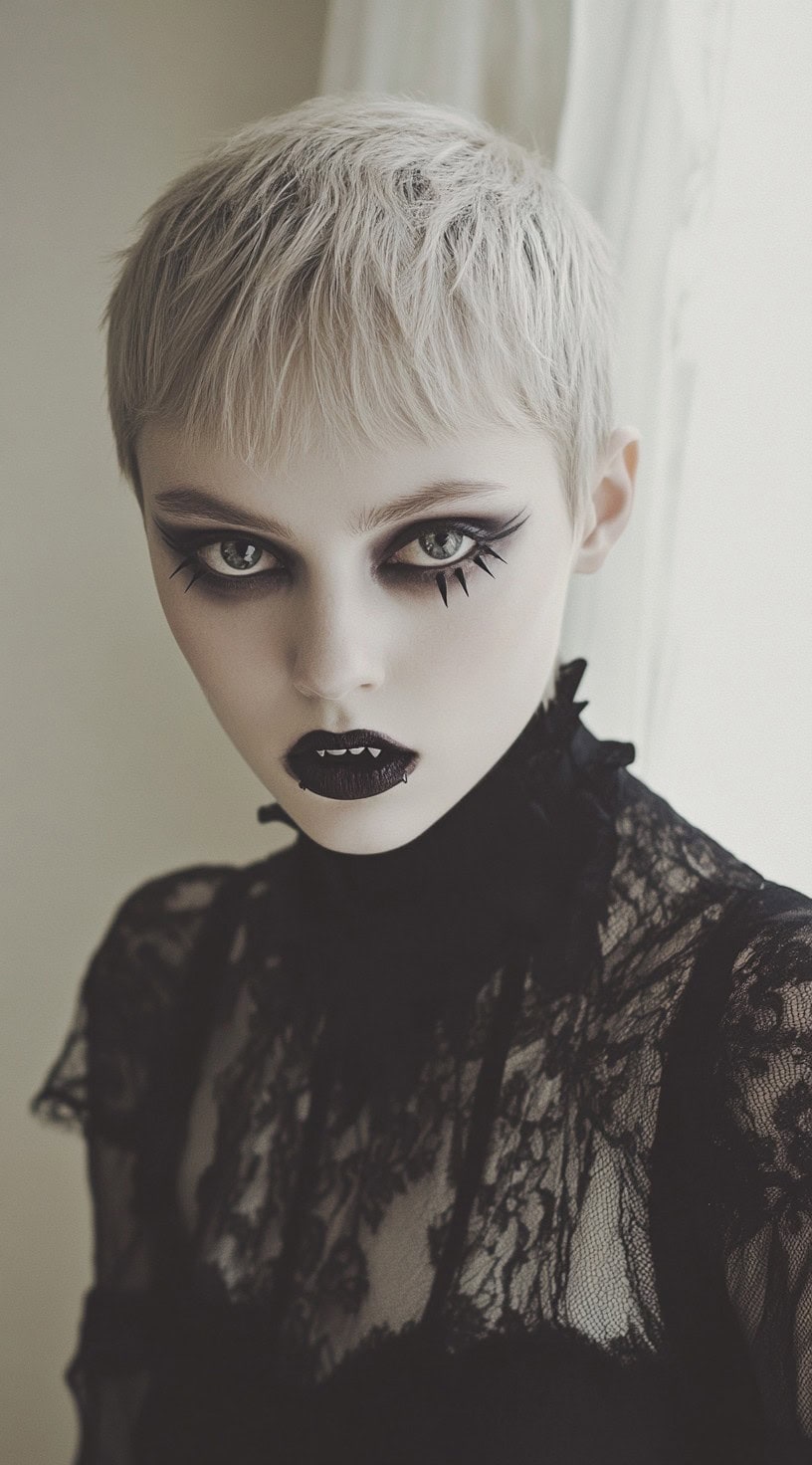 In the photo, a woman with a short, platinum blonde pixie cut and dramatic dark eye makeup gives an intense look.