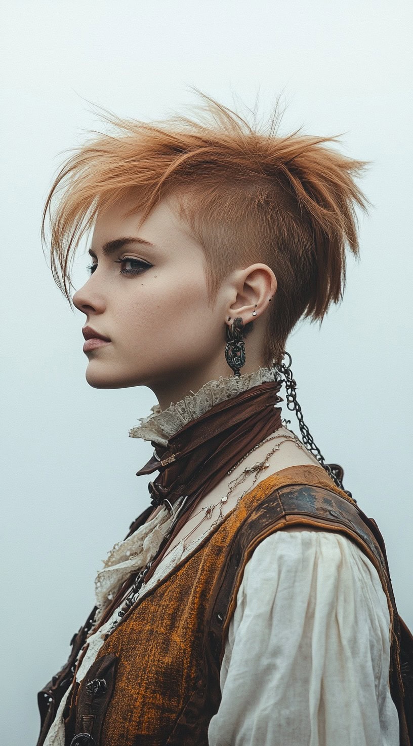 Young woman with a short, red faux hawk, wearing a steampunk-inspired pirate costume.