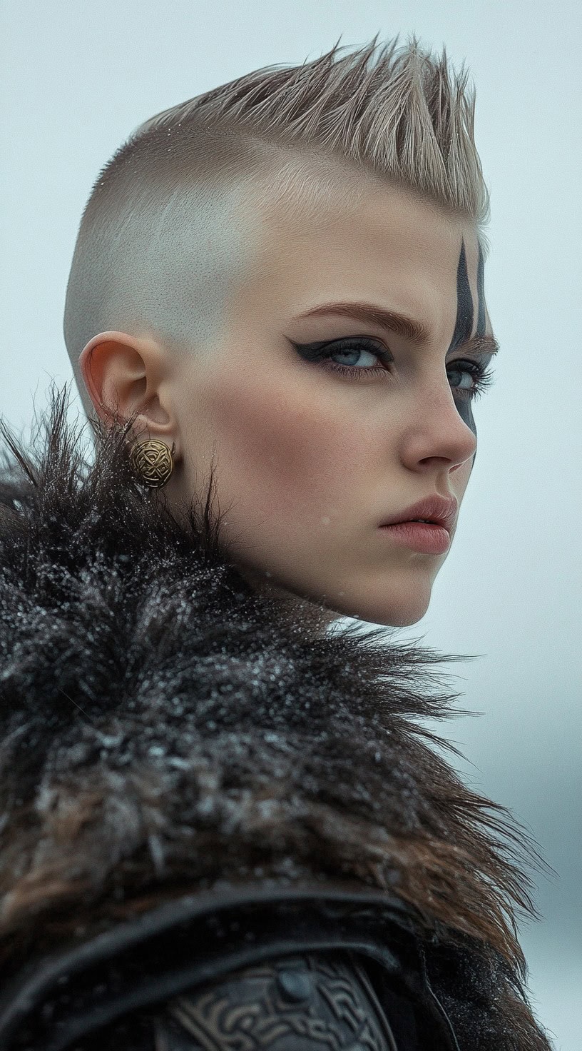 Short spiked hair with shaved sides on a woman with platinum blonde hair and dramatic face paint.