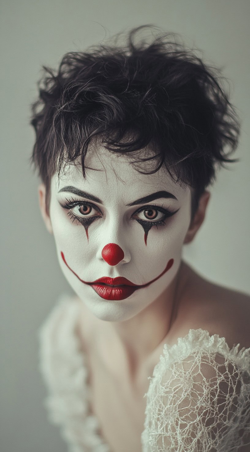 Short, textured pixie cut with classic clown makeup.