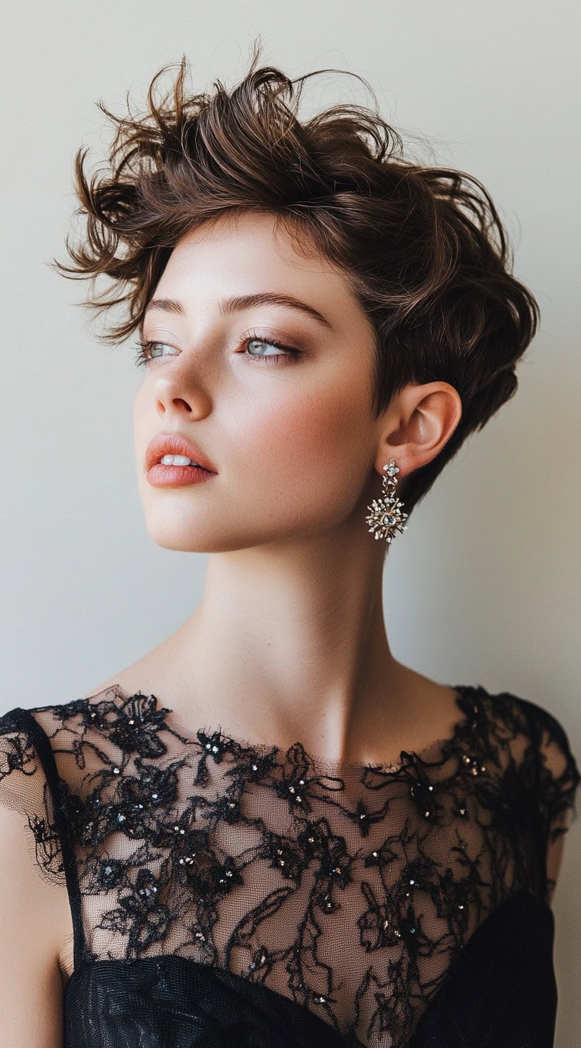 A side profile of a woman with a short, wavy crop hairstyle featuring soft, layered waves.