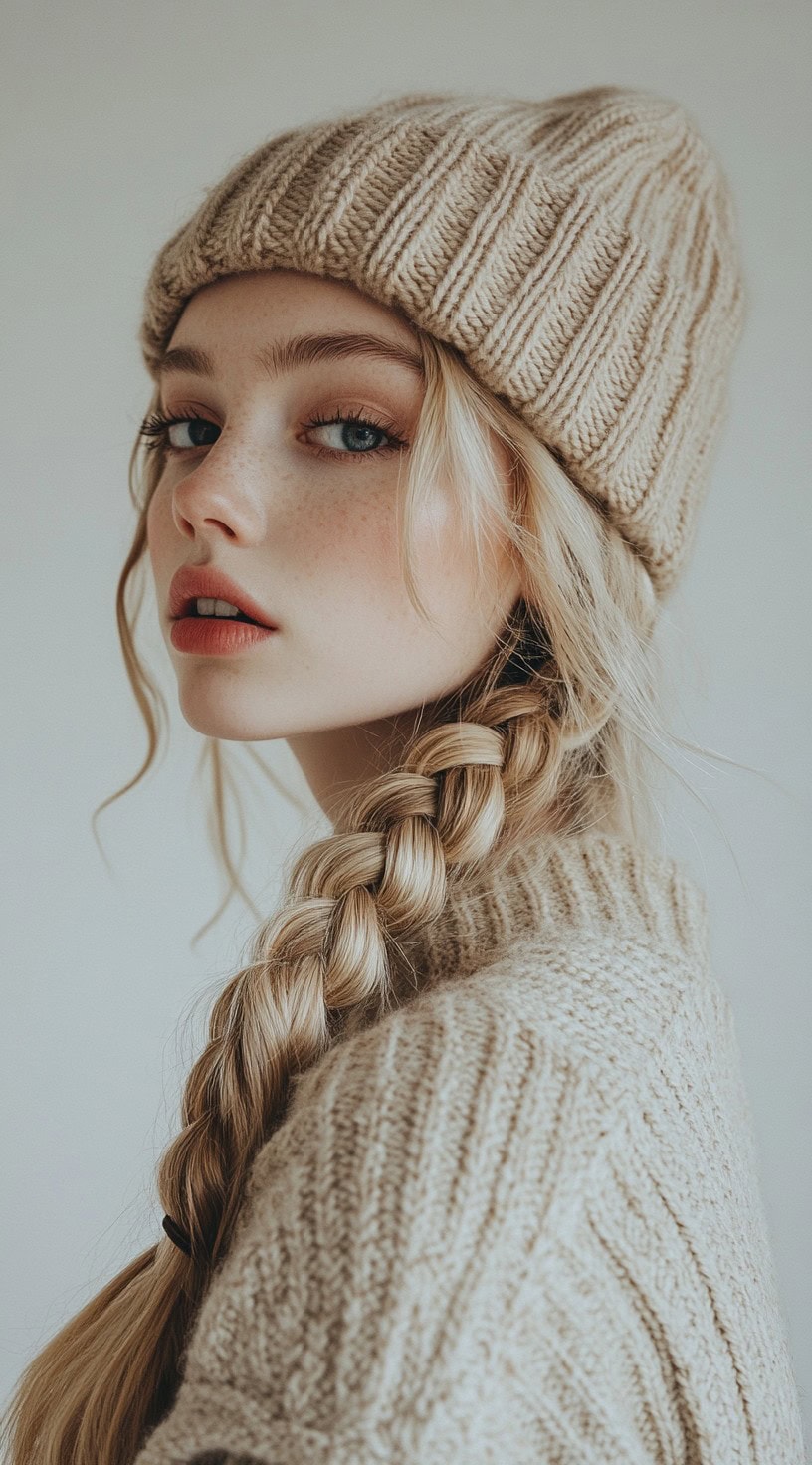 A young woman with a side braid and a beige beanie, exuding a cozy, winter-ready charm.