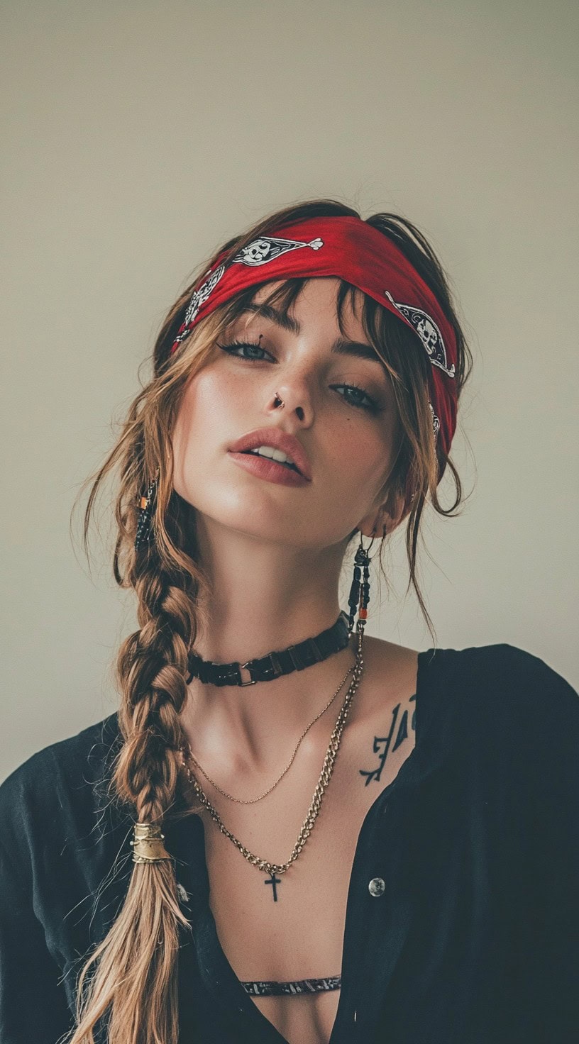 A woman with a side braid and a bandana over wispy bangs.