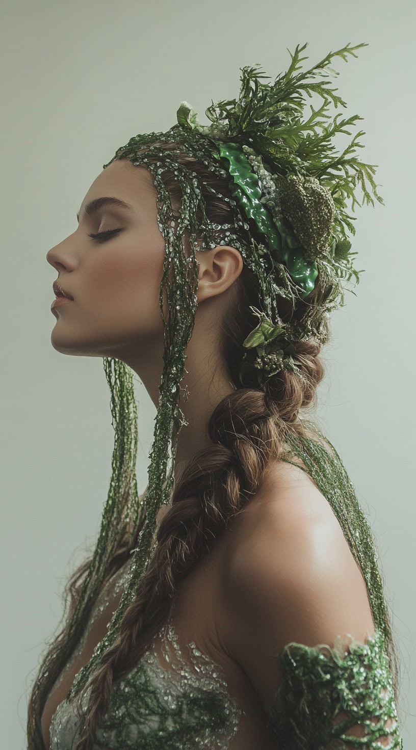 This image shows a person with a side braid adorned with seaweed-like hair accessories.