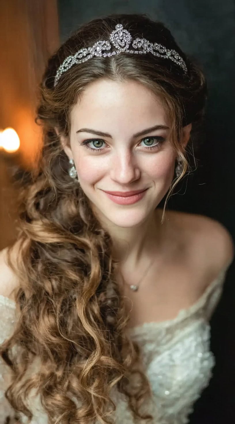 A front view of a woman with voluminous side-swept curls wearing a jeweled tiara and off-shoulder gown.