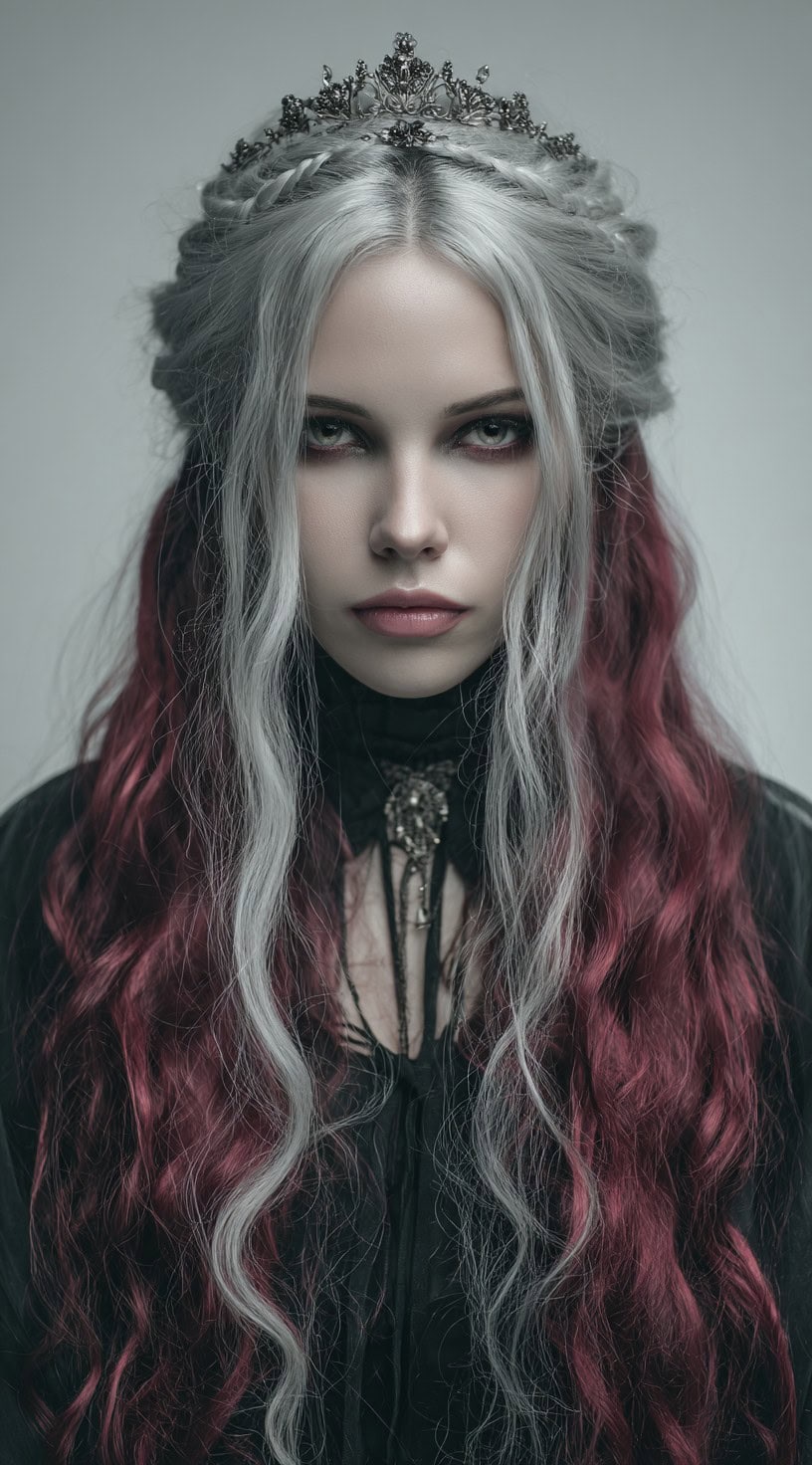 A woman with half-up silver hair transitioning into crimson waves, adorned with an ornate silver tiara.