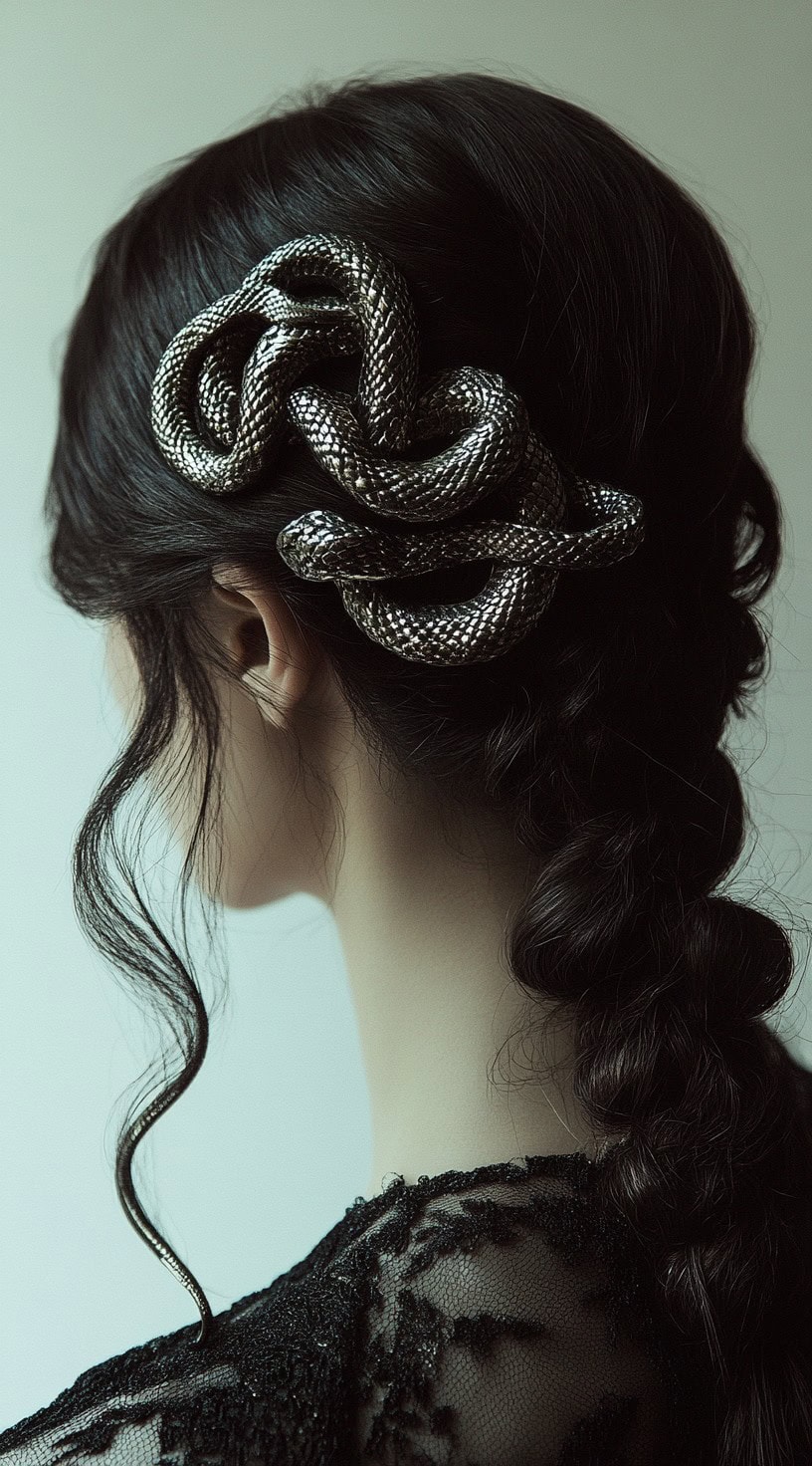 Back view of a woman with dark hair styled into a low braid, adorned with a silver snake accessory.