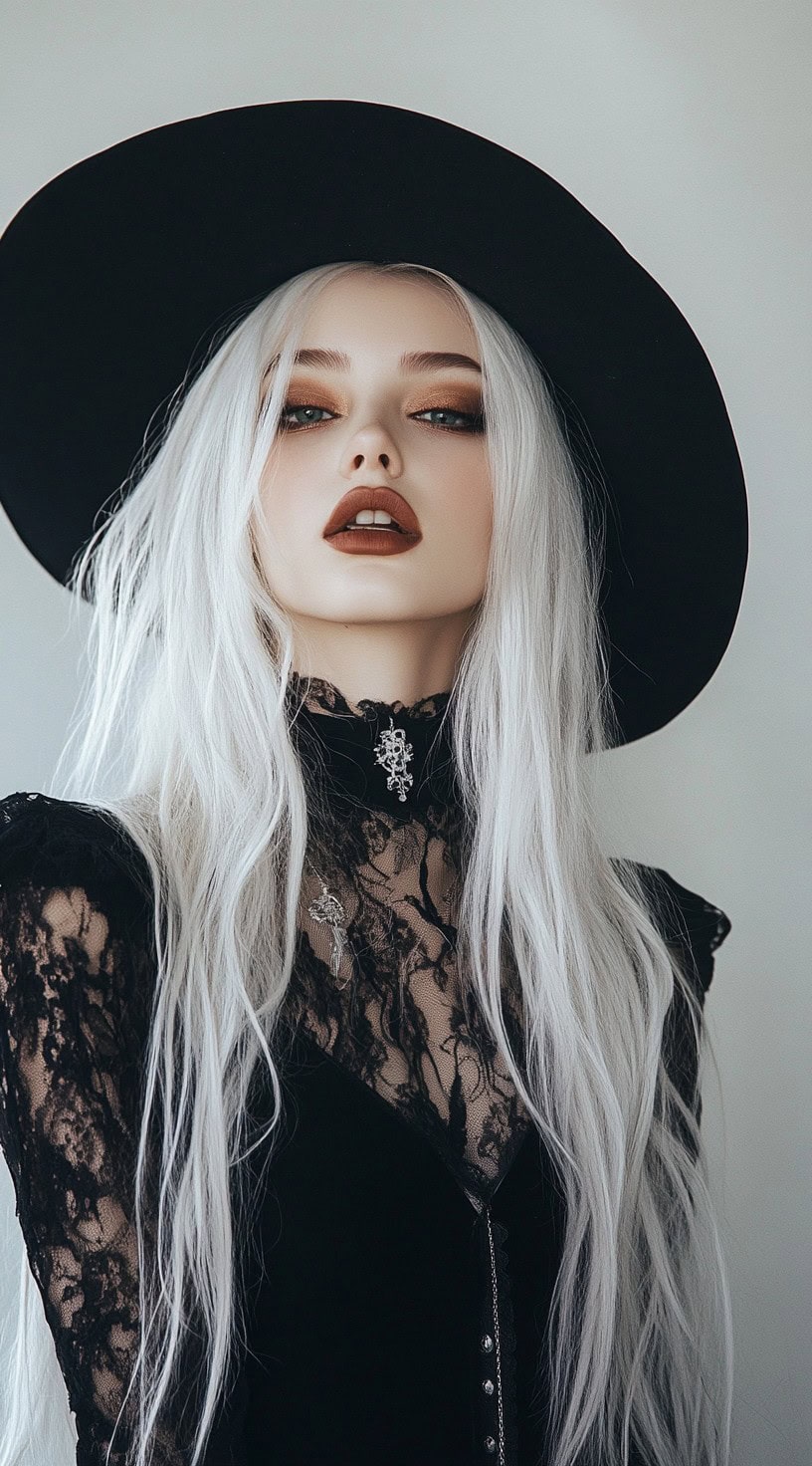 This photo shows a woman with long, straight silver hair and a witch hat.