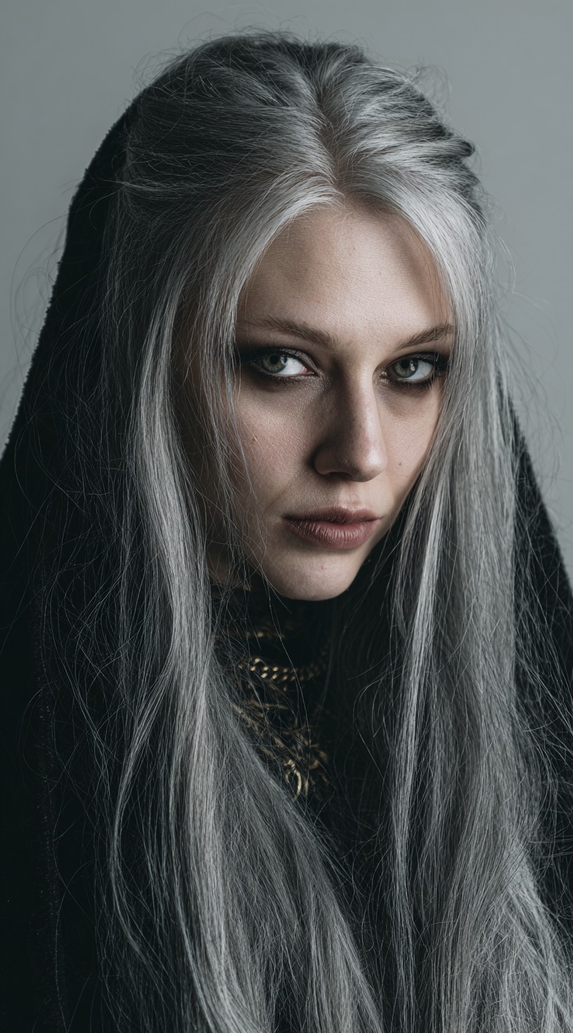 A woman with long, straight silver hair parted in the middle, draped under a black hood with piercing eyes.