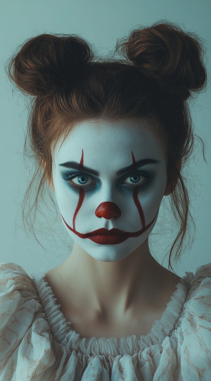 Dark-haired clown with simple double buns and classic makeup.