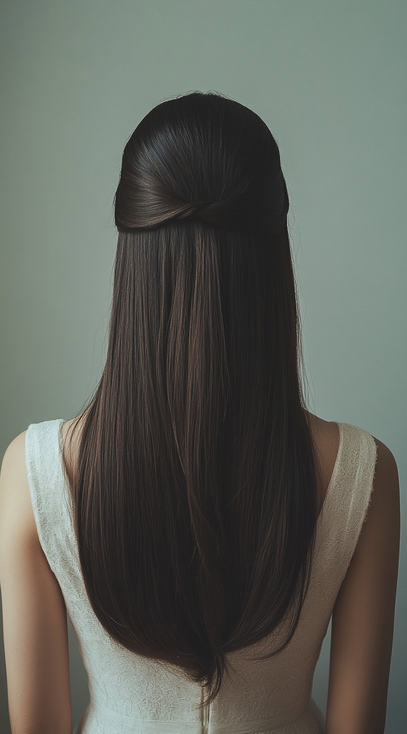 A rear view of a woman with a simple half-up knot hairstyle, wearing a sleeveless dress.