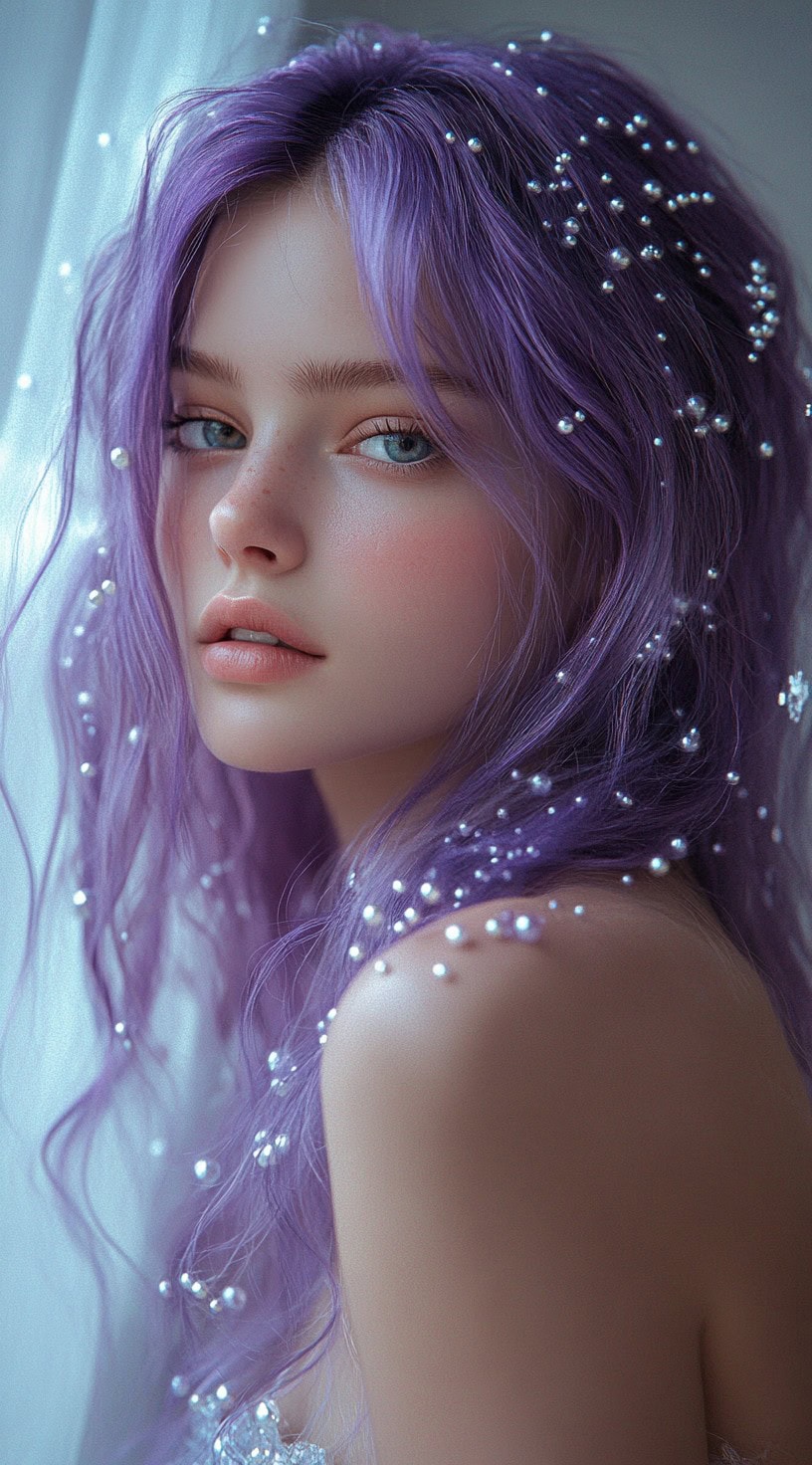 This image shows a person with simple purple loose waves, decorated with small pearls.