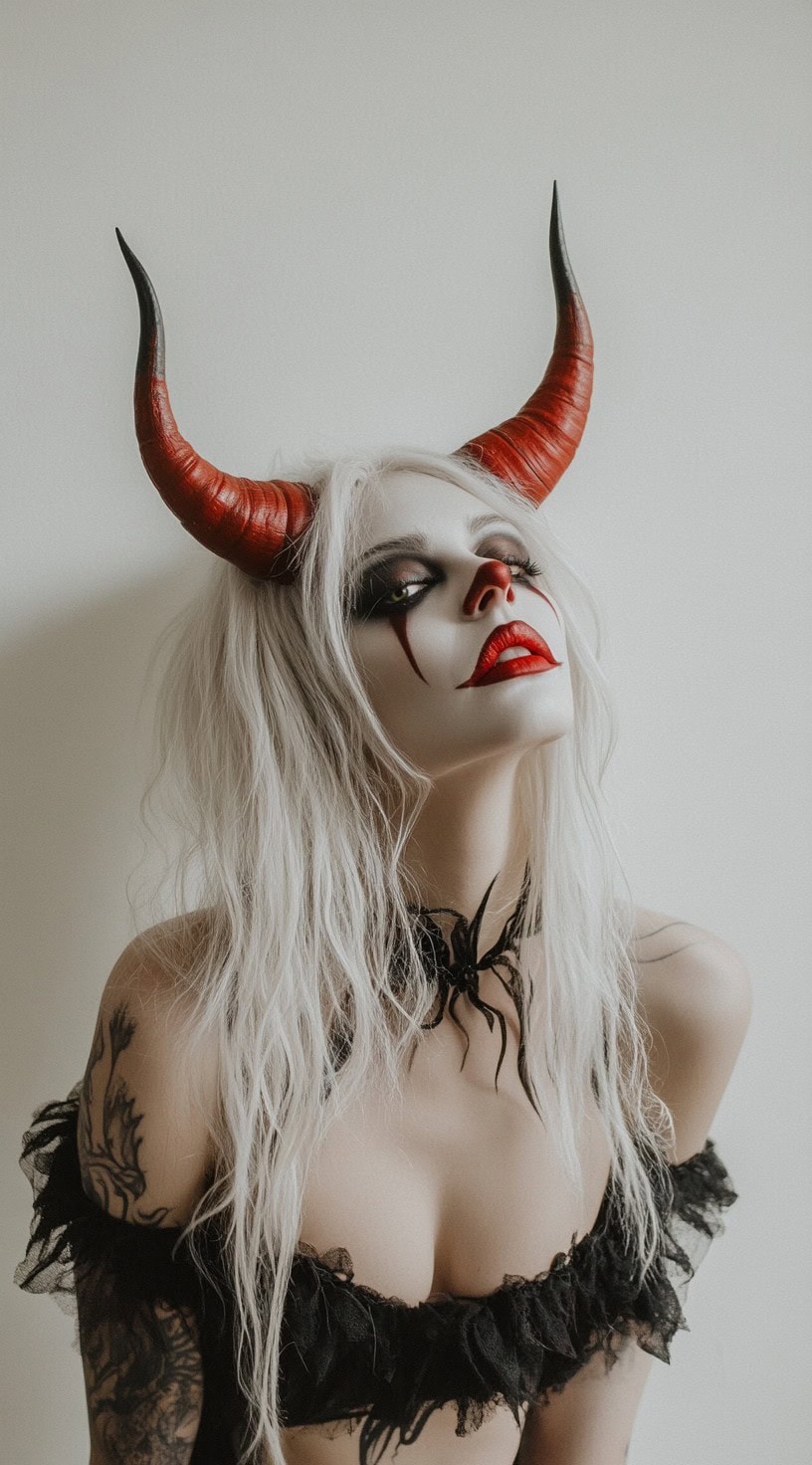 Long platinum blonde hair with red horns and clown makeup.