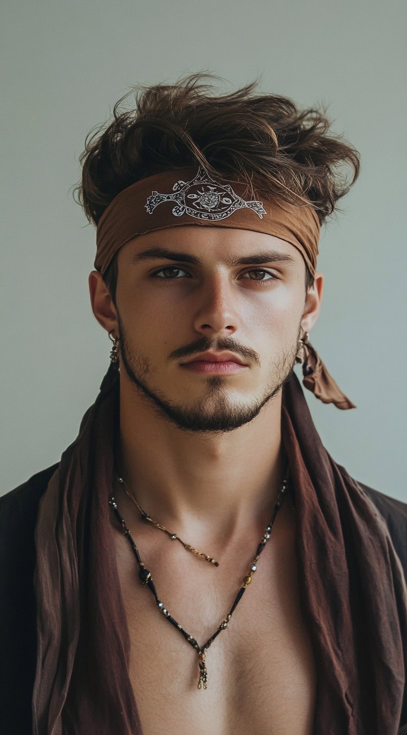 Close-up of a man with short, soft waves, a side-swept style, and a brown bandana tied around his head.