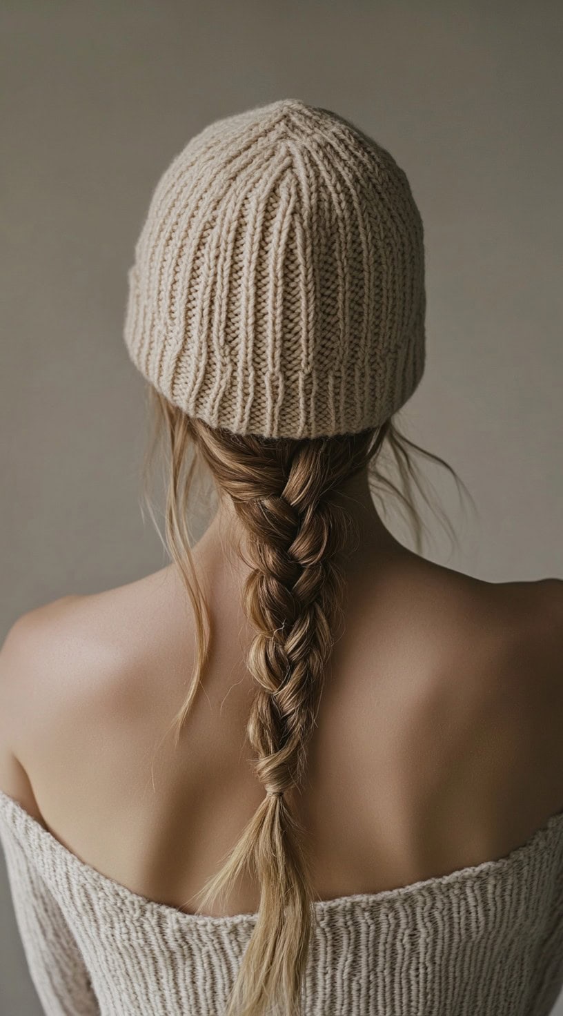 A woman with a single braid cascading down from under a beige beanie, presenting a classic and cozy look.