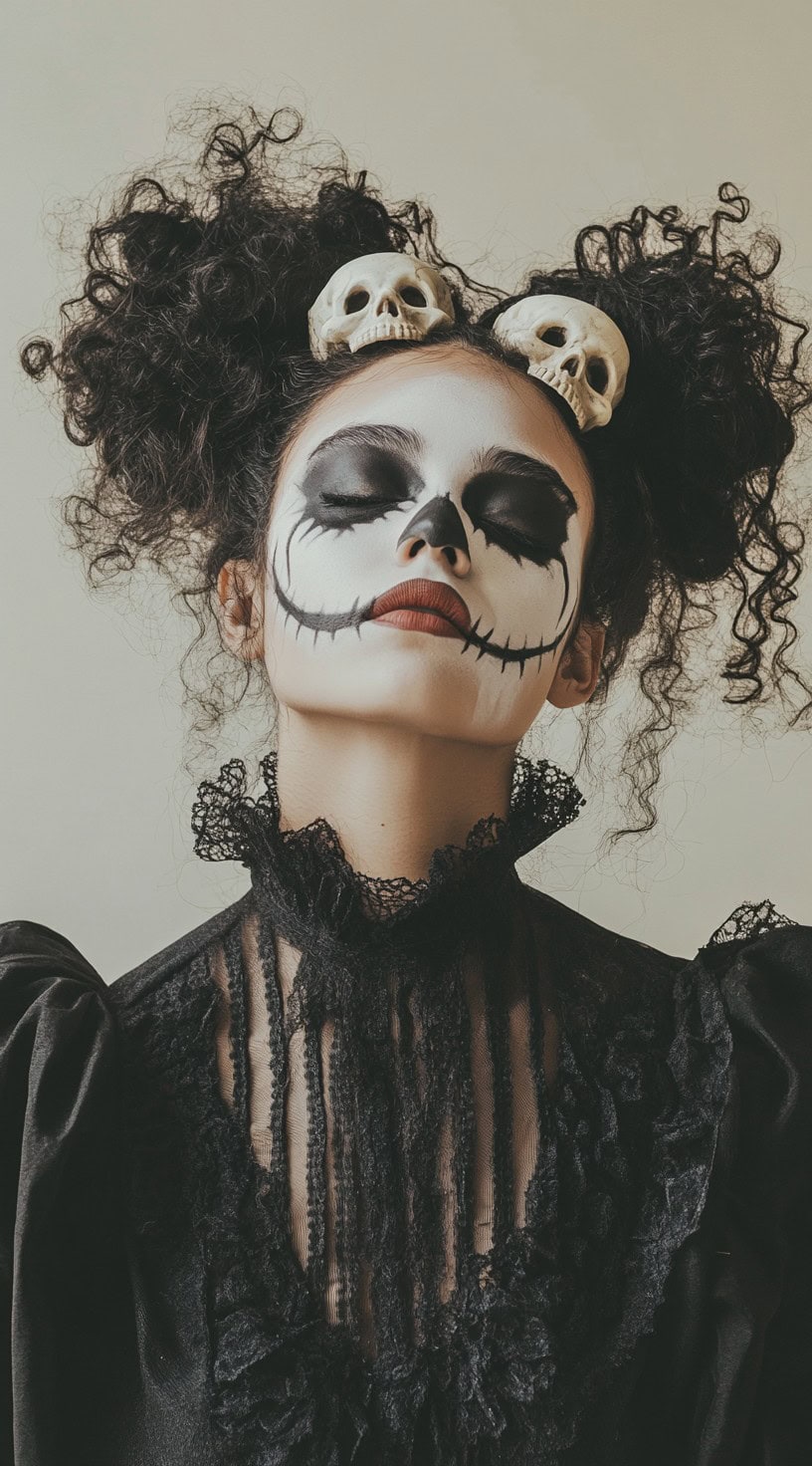 A person with dark curly hair styled into buns, decorated with skeleton accessories and dramatic clown makeup.