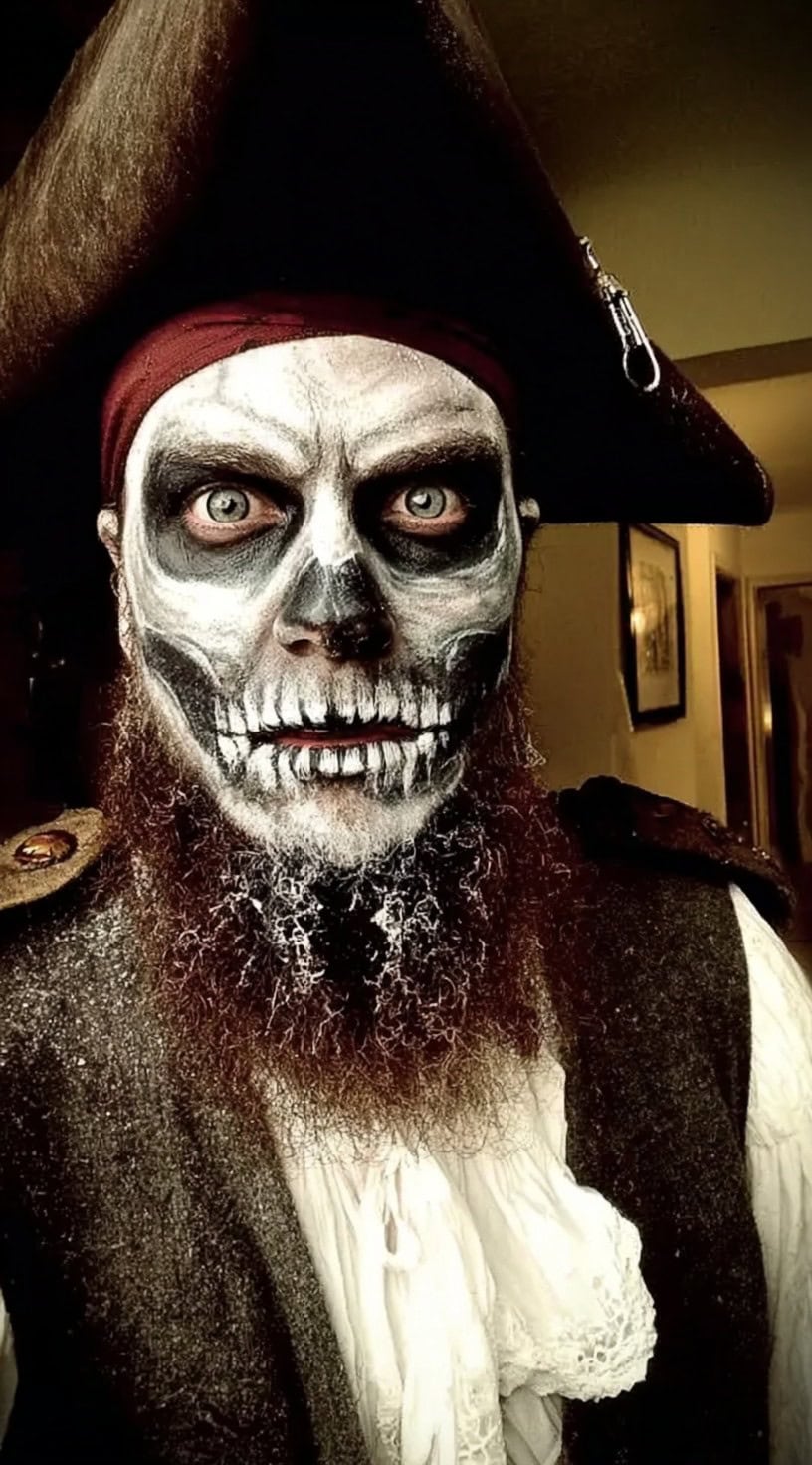 A man with a full reddish beard wearing skeletal makeup and a tricorn pirate hat stares intensely at the camera.