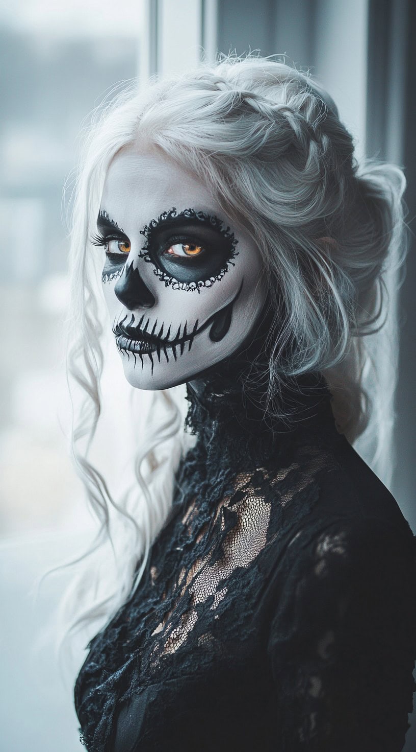 This image depicts a woman with a messy low updo featuring braids and framing tendrils, complemented by skeleton face makeup.