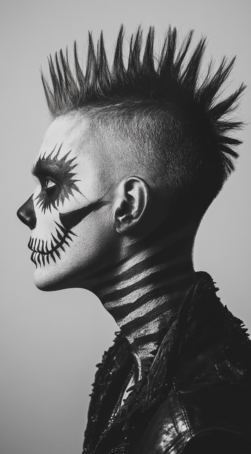 Skeleton with a spiked mohawk and face paint, creating a punk-rock undead look.