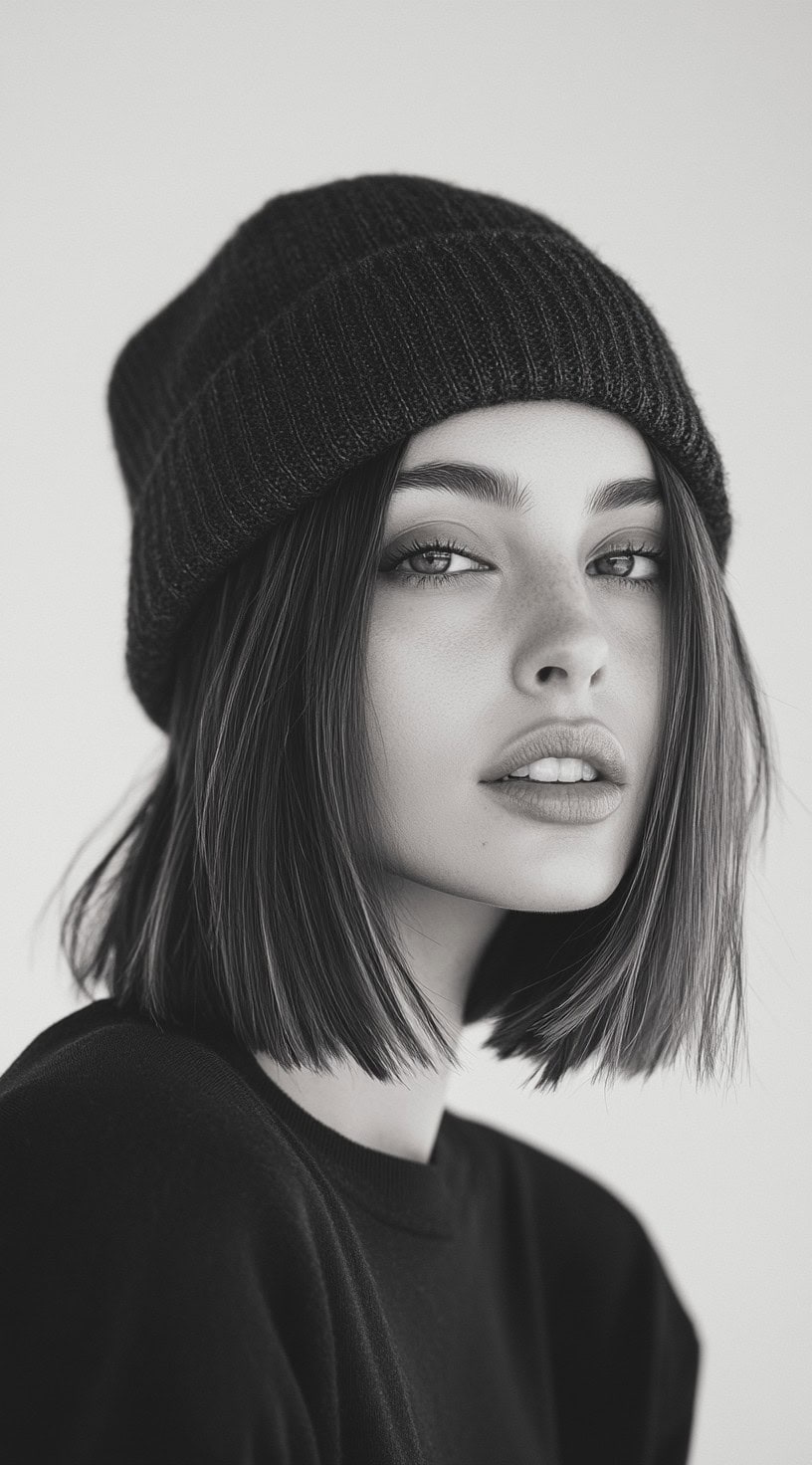 A young woman with a sleek, straight bob and a black beanie, creating a clean and sharp look.