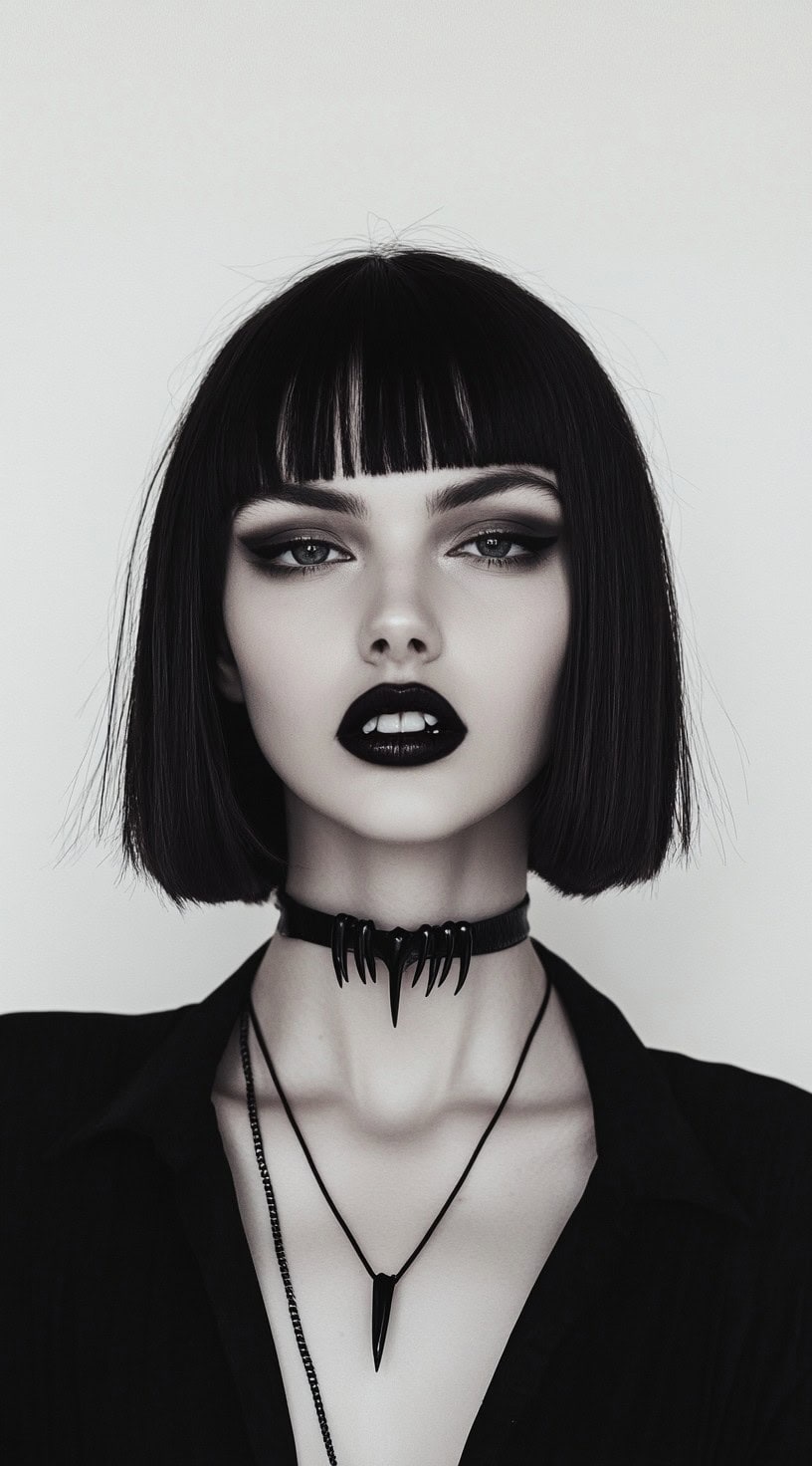 In the photo, a woman with a sleek black bob and dark gothic accessories stares confidently.