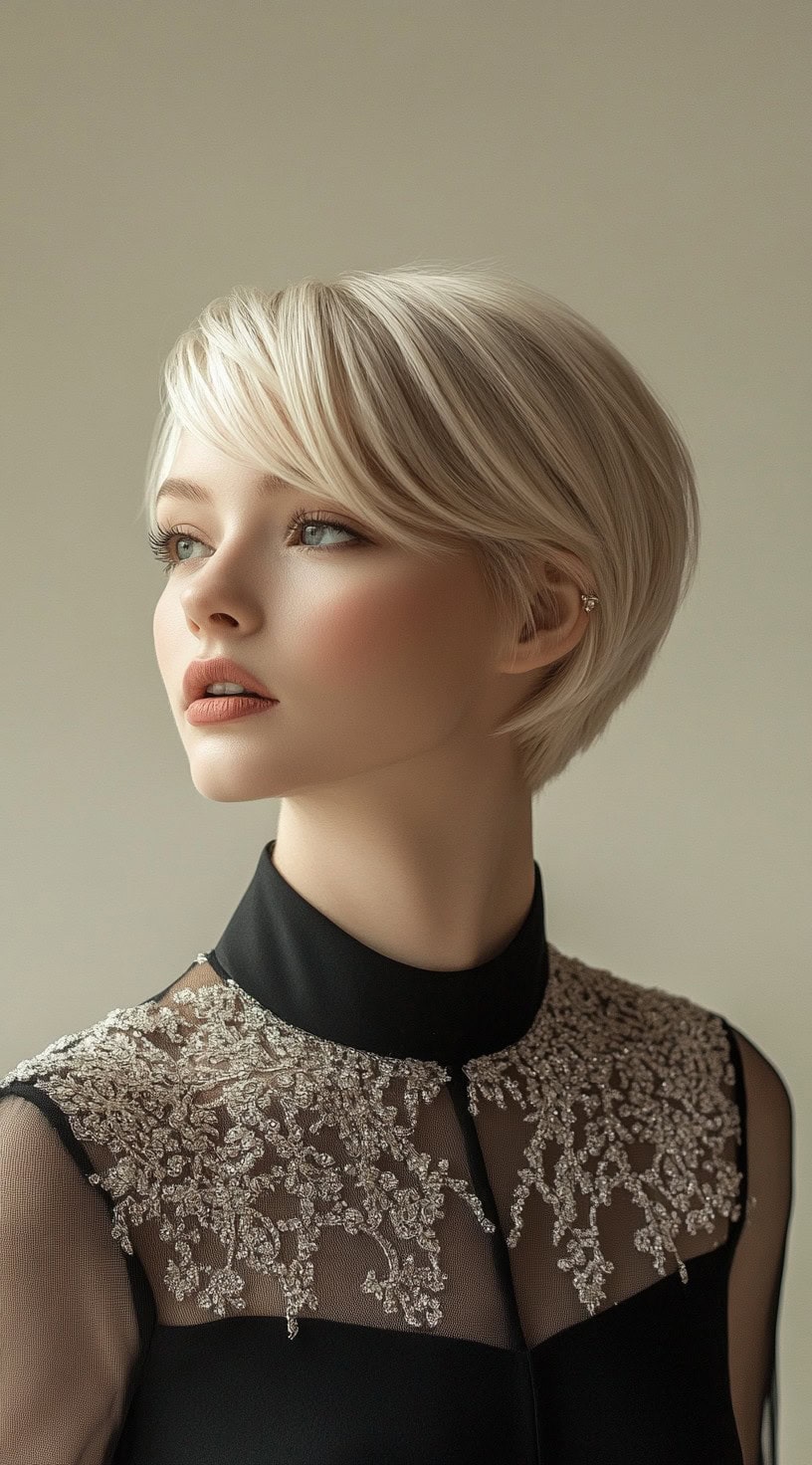 A woman with a sleek bob with soft layers, wearing a black embroidered top, presenting a sophisticated and timeless look.