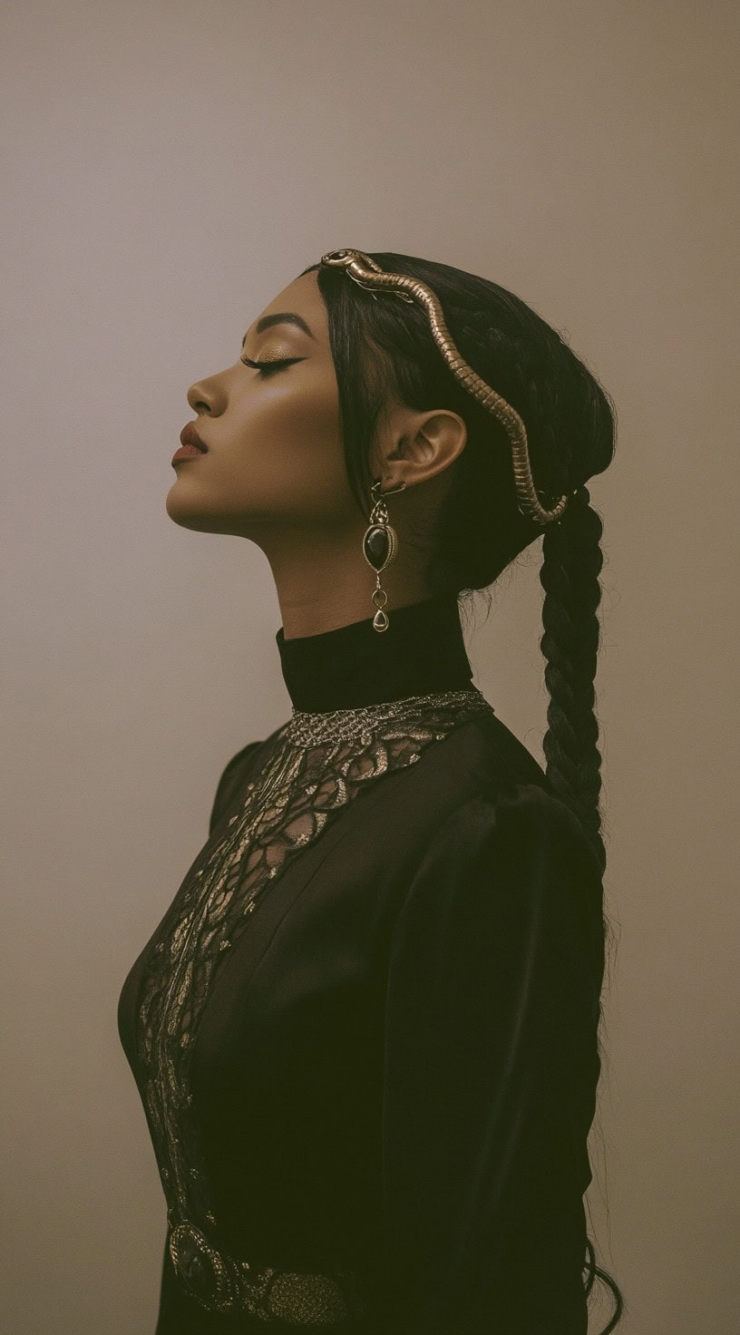 Profile of a woman with dark, sleek braids adorned with a gold snake headband wrapped around her crown.