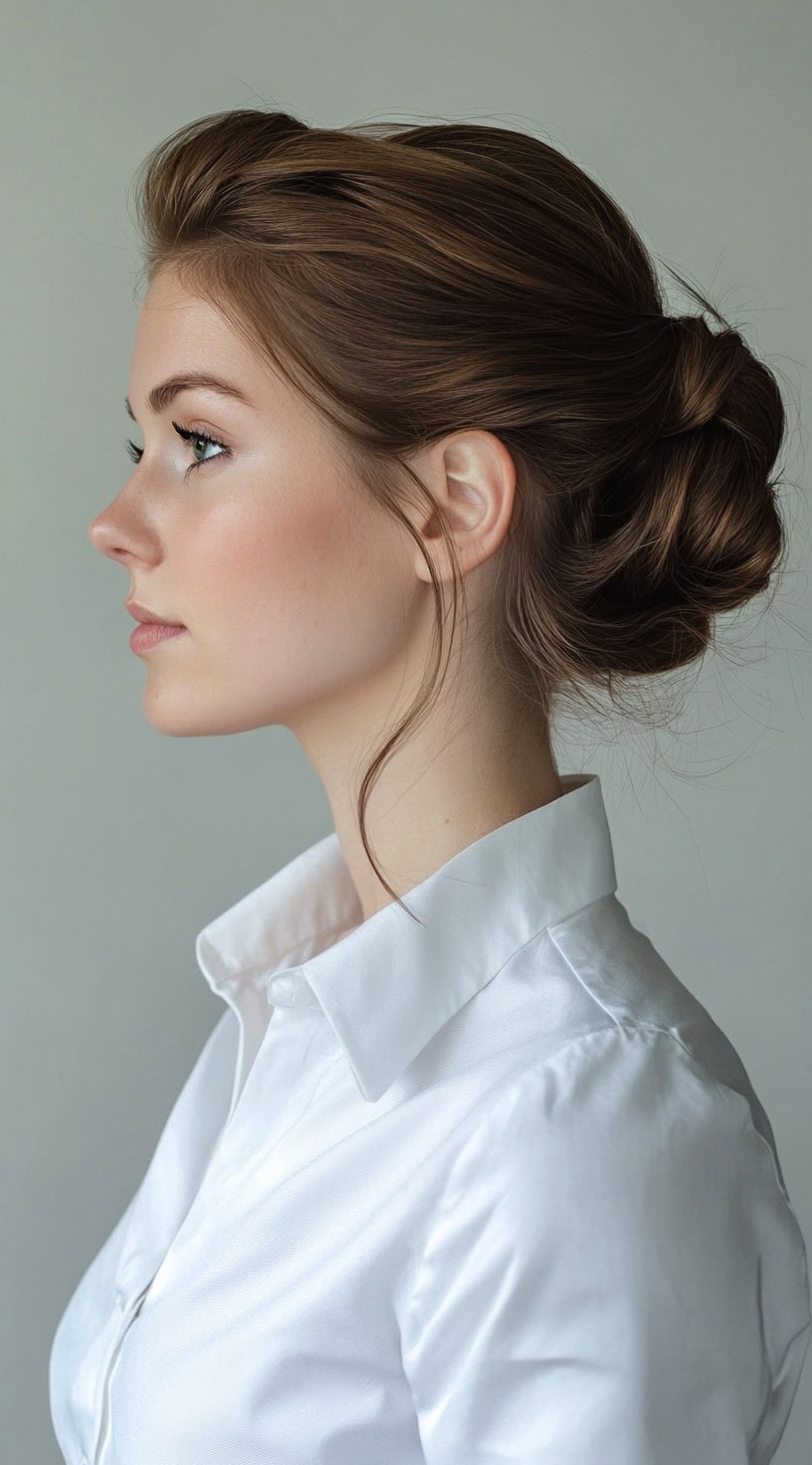 A profile of a woman with a sleek, low chignon hairstyle and a crisp white shirt.