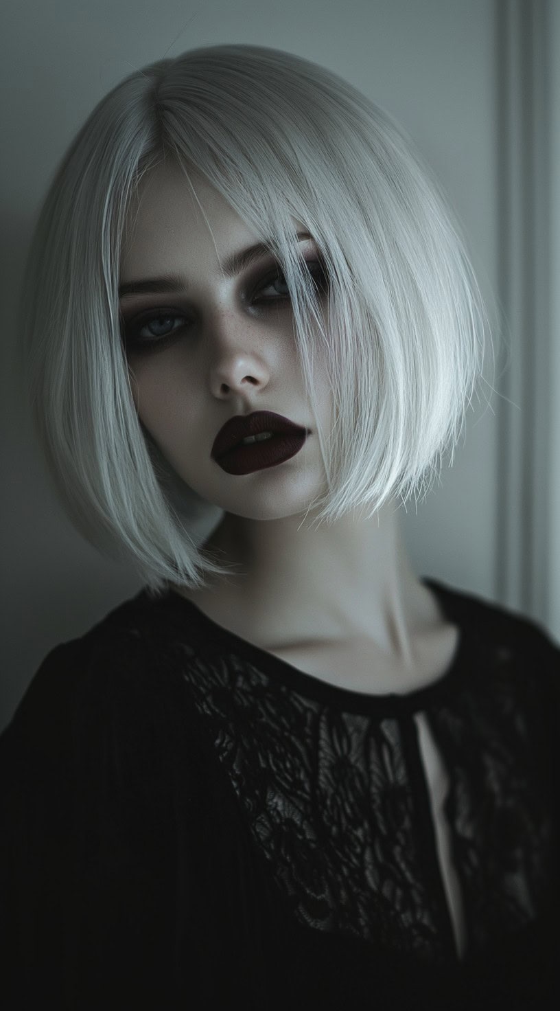 Front view of a woman with a sleek, face-framing bob and a middle part, styled with vampire makeup.