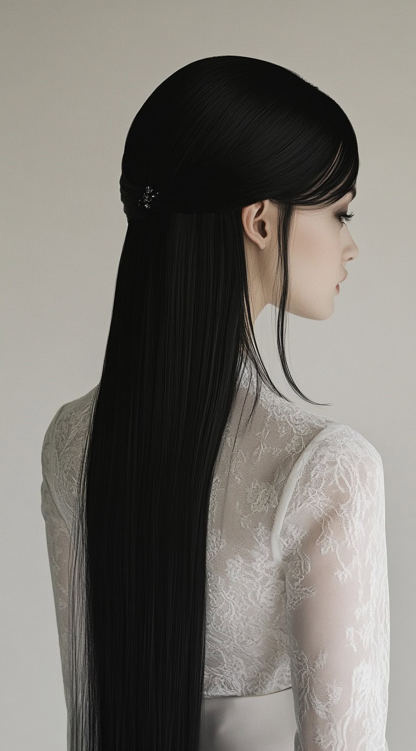 A profile view of a woman with long, straight black hair styled in a sleek half-up, half-down fashion, with a small accessory.