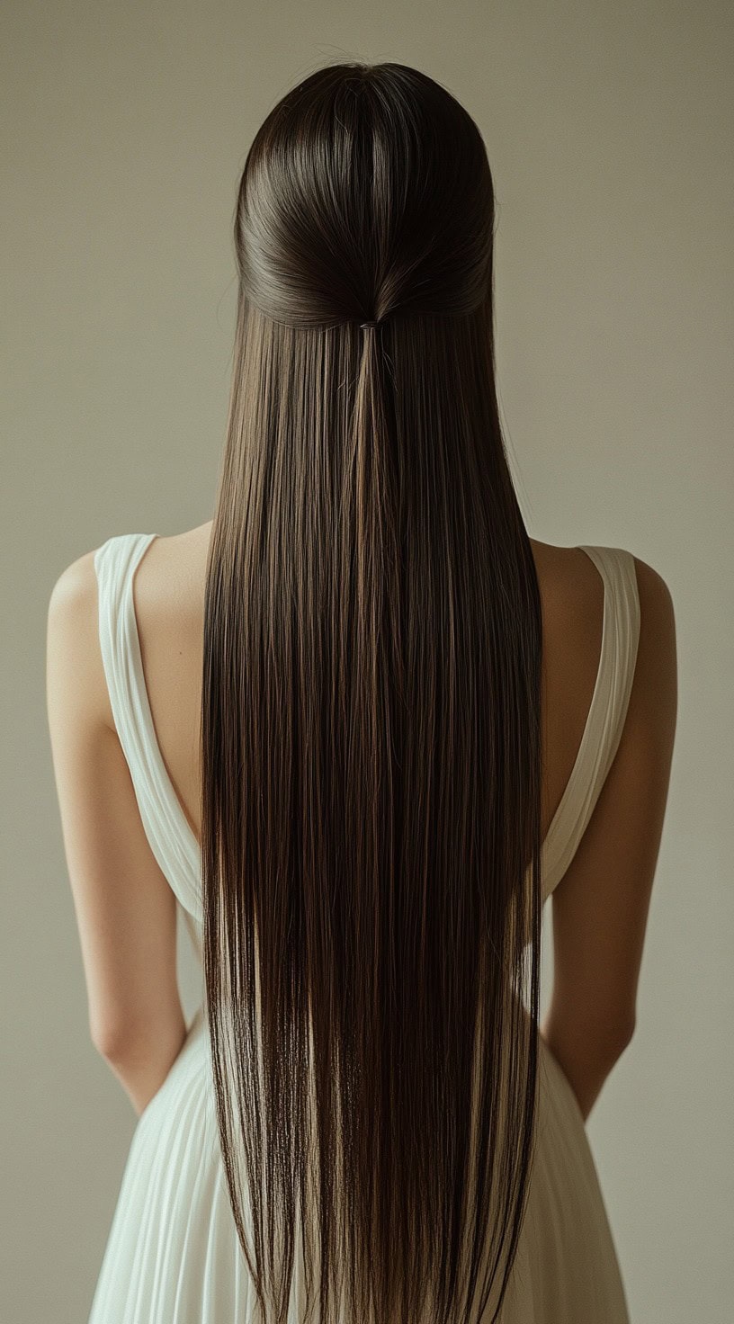 A rear view of a woman with sleek, straight hair styled in a half-up, half-down fashion.