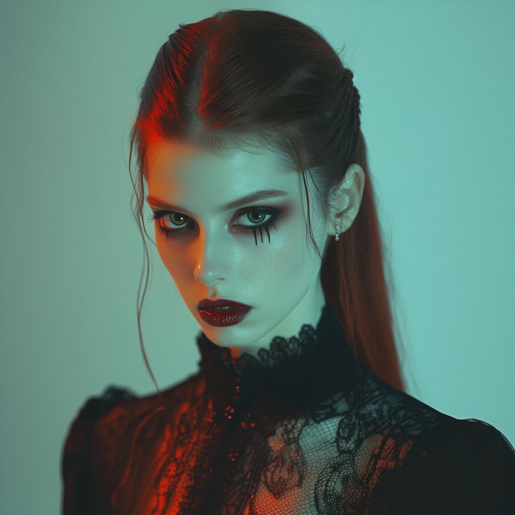 Front view of a woman with sleek, straight hair styled in a half-up, half-down fashion with a middle part, complemented by vampire makeup.