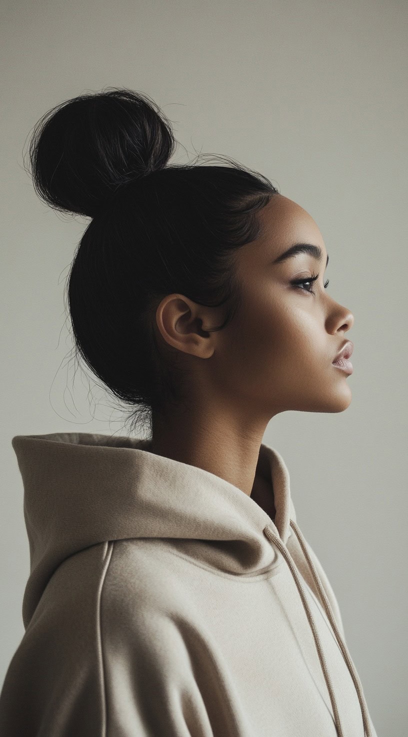 Side profile of a young woman with a sleek high bun, wearing a beige hoodie.