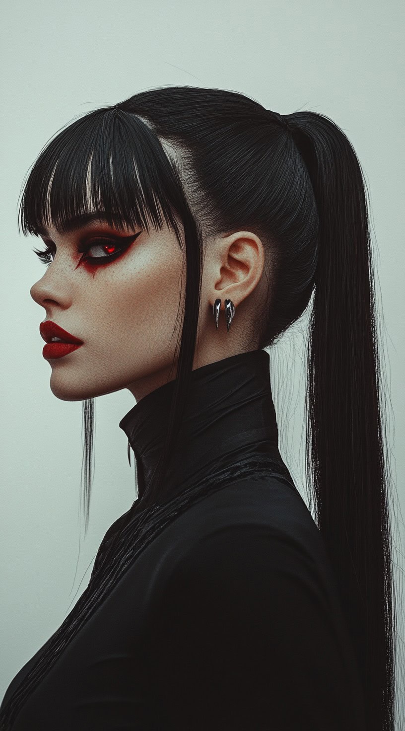 Side view of a woman with a sleek high ponytail, blunt bangs, and framing tendrils, styled with vampire makeup.