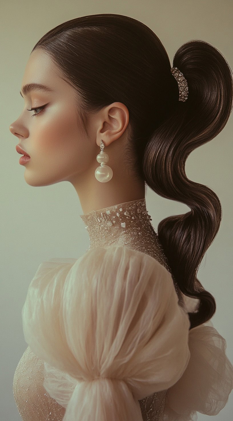 Profile view of a woman with a sleek high ponytail styled in retro waves, accented with pearl earrings.